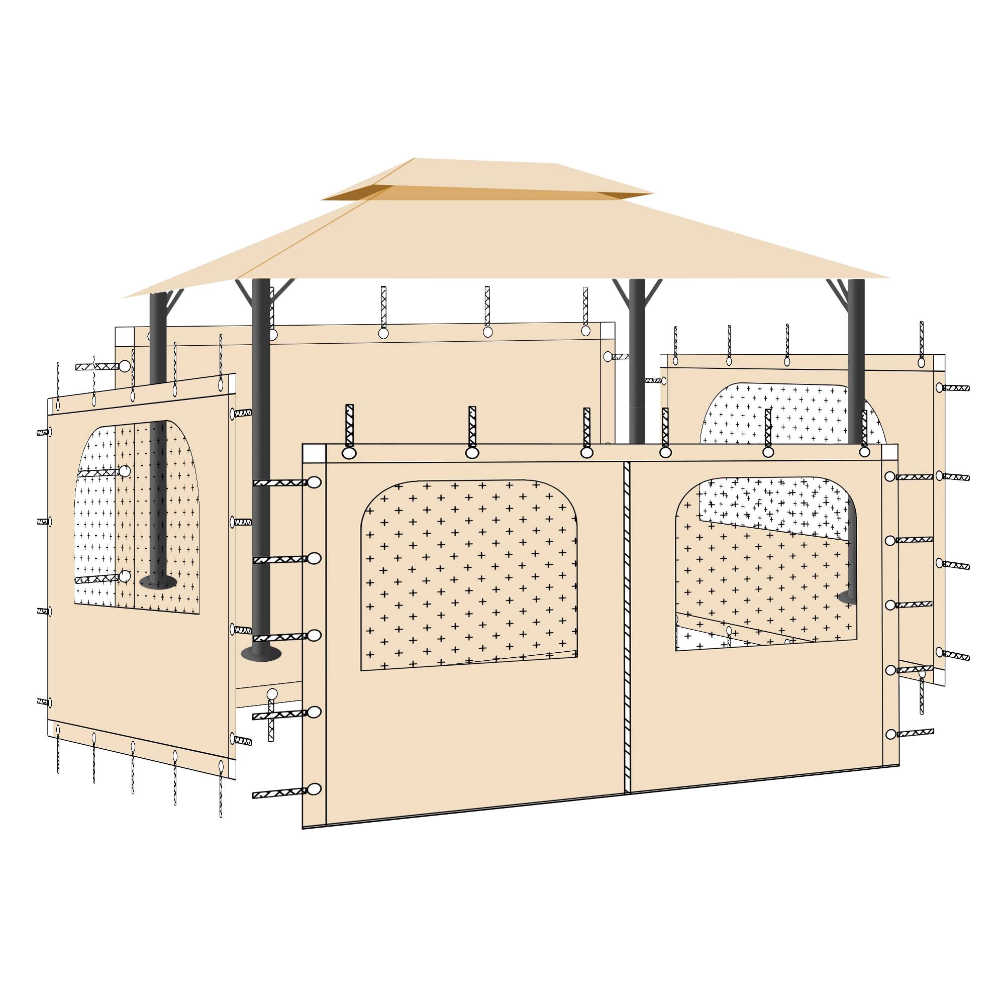 Beige 4-panel waterproof outdoor gazebo side panels with window sections & tie-downs, illustrating installation on pergolas & gazebos.