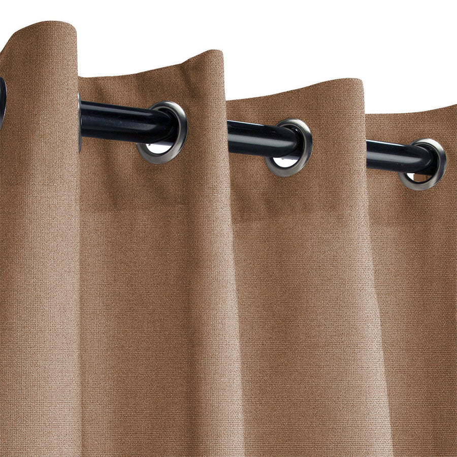 Fadenomore™ tan grommet outdoor curtain close-up, highlighting its windproof, waterproof, and fade-resistant fabric.