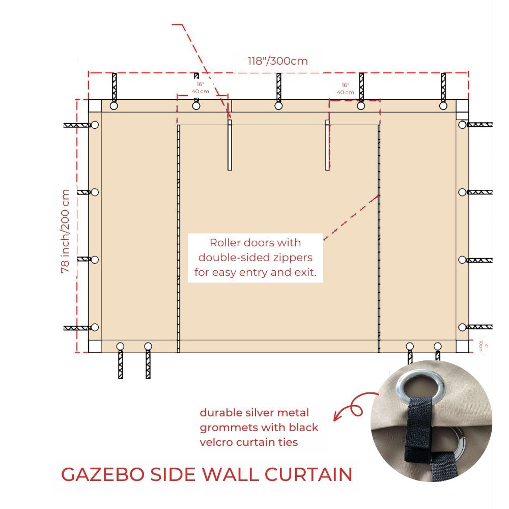 Technical diagram of KGORGE waterproof outdoor gazebo sidewall panel (118x78in) with double-sided zipper doors & durable metal grommets.