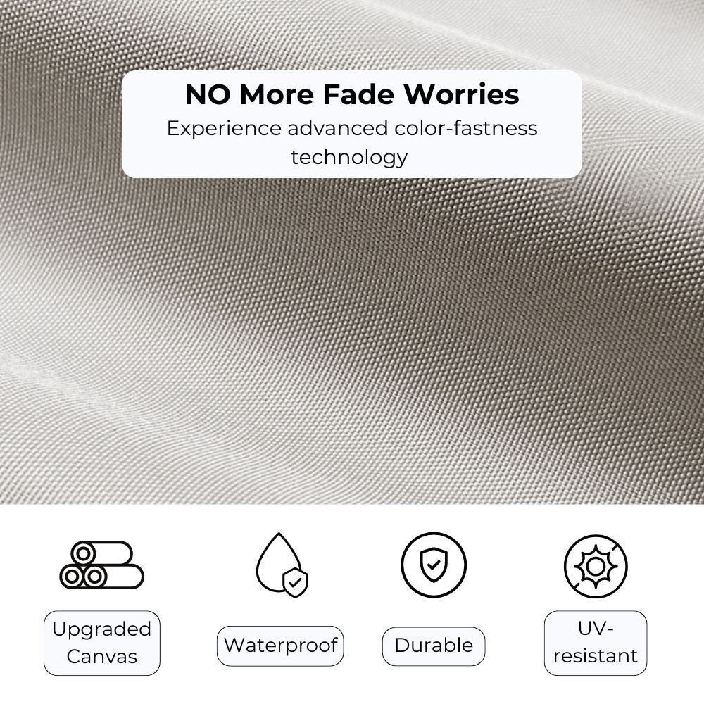 Close-up of light grey, fade-resistant pergola canopy fabric, emphasizing upgraded canvas, waterproof, durable, and UV-resistant qualities.