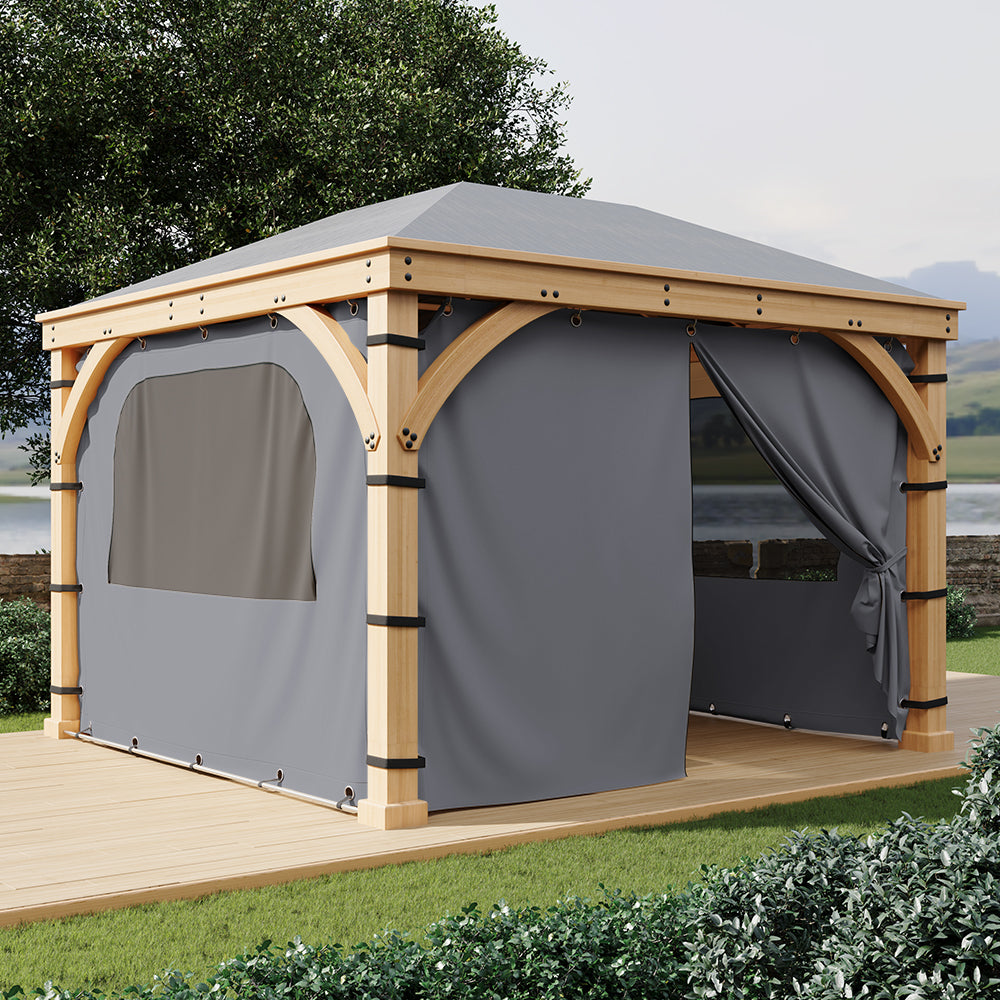 Grey waterproof outdoor gazebo side panel walls on a wooden pergola structure, one with window, one tied open, protecting a patio space.