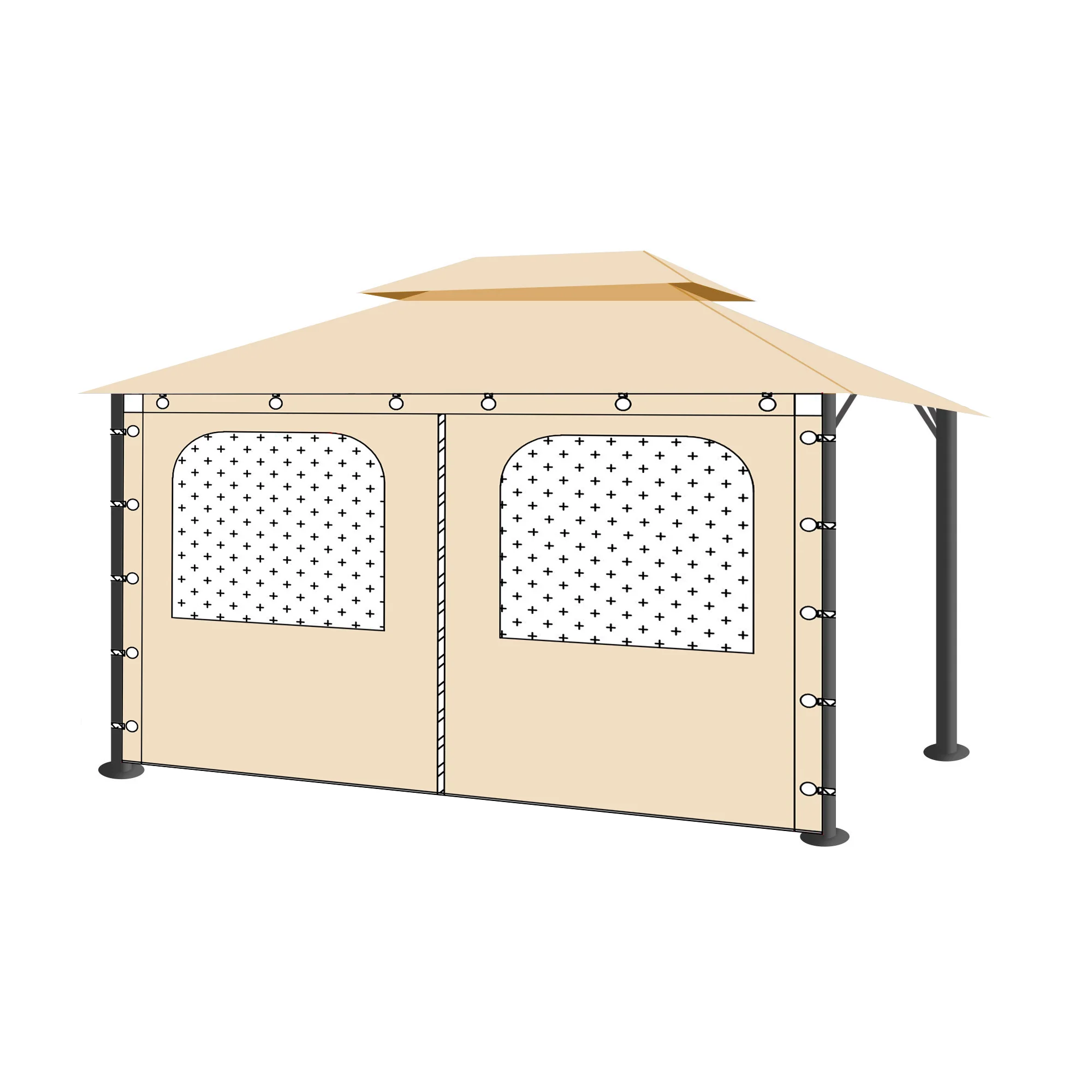 Beige waterproof outdoor gazebo side panel wall with two sections, featuring arched window patterns and attachment grommets.