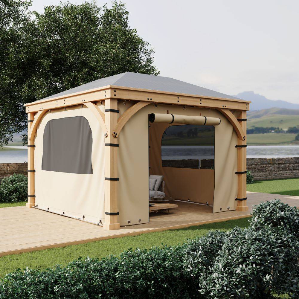 Beige waterproof outdoor gazebo with canvas side panels, one rolled up, on a deck for patio shade and privacy.