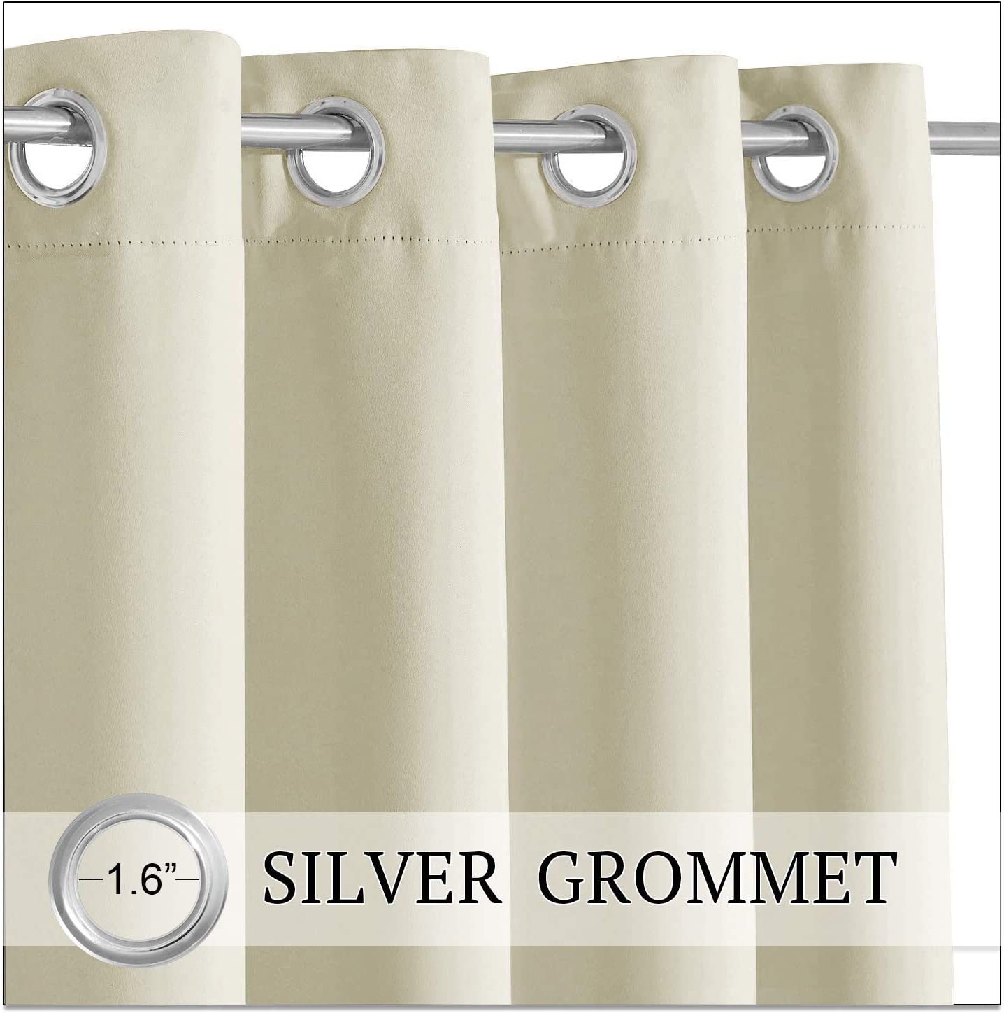 Close-up of beige waterproof patio outdoor curtain panels featuring 1.6-inch silver grommets for durable hanging.