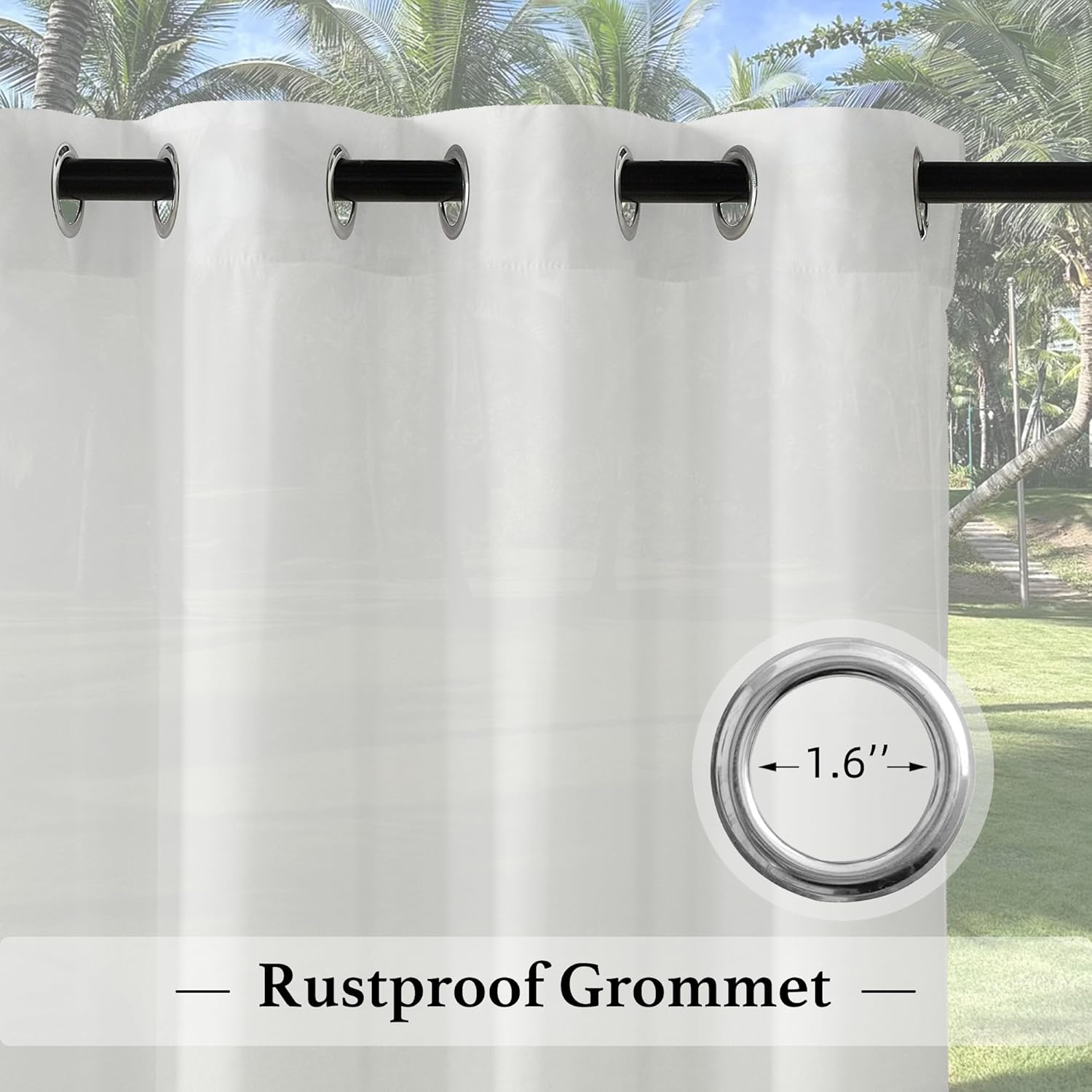 White waterproof privacy outdoor sheer curtain, showing 1.6" rustproof grommets and black rod for patio weather protection.