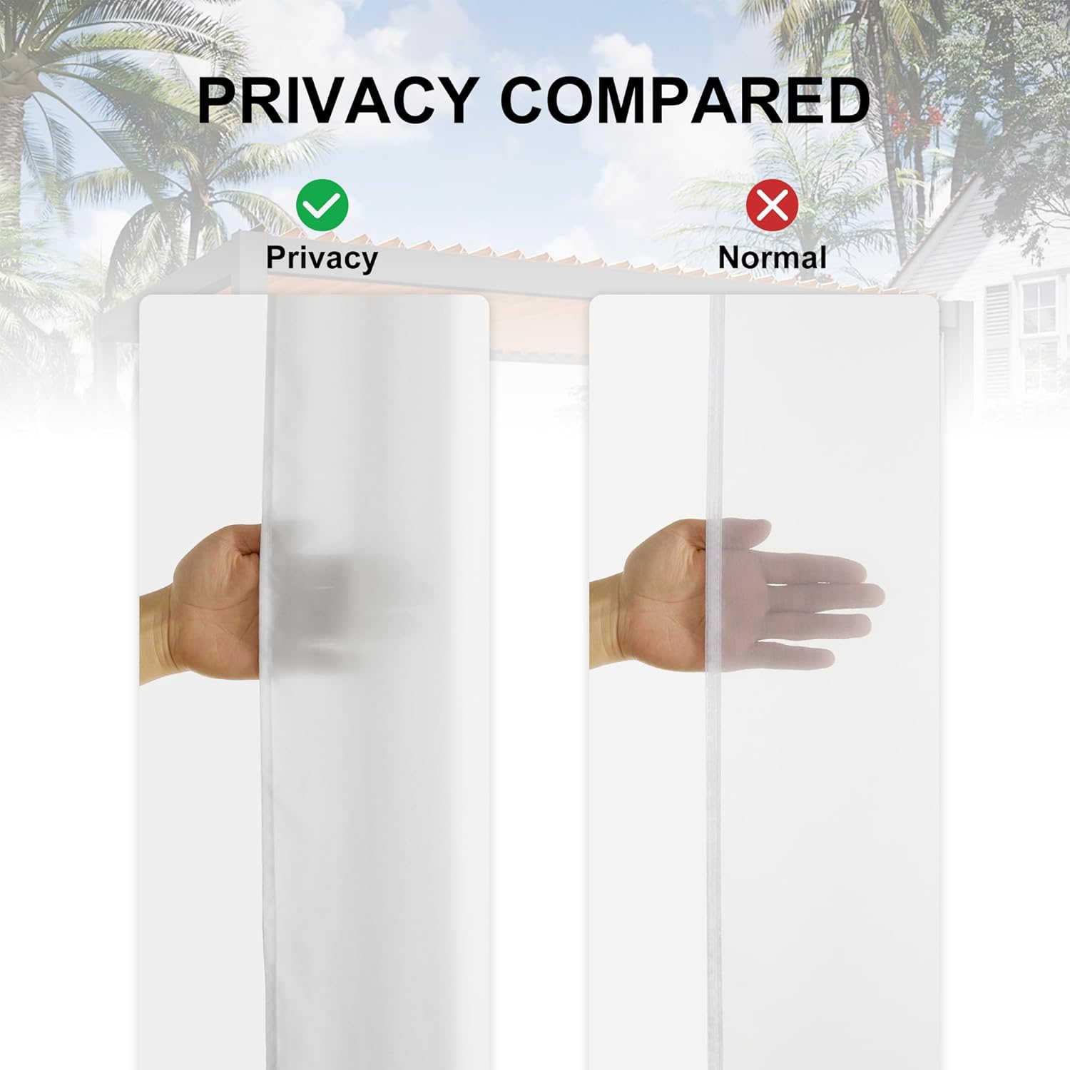 Privacy comparison: hand obscured by dense, waterproof outdoor patio curtain vs. visible through a normal sheer curtain.