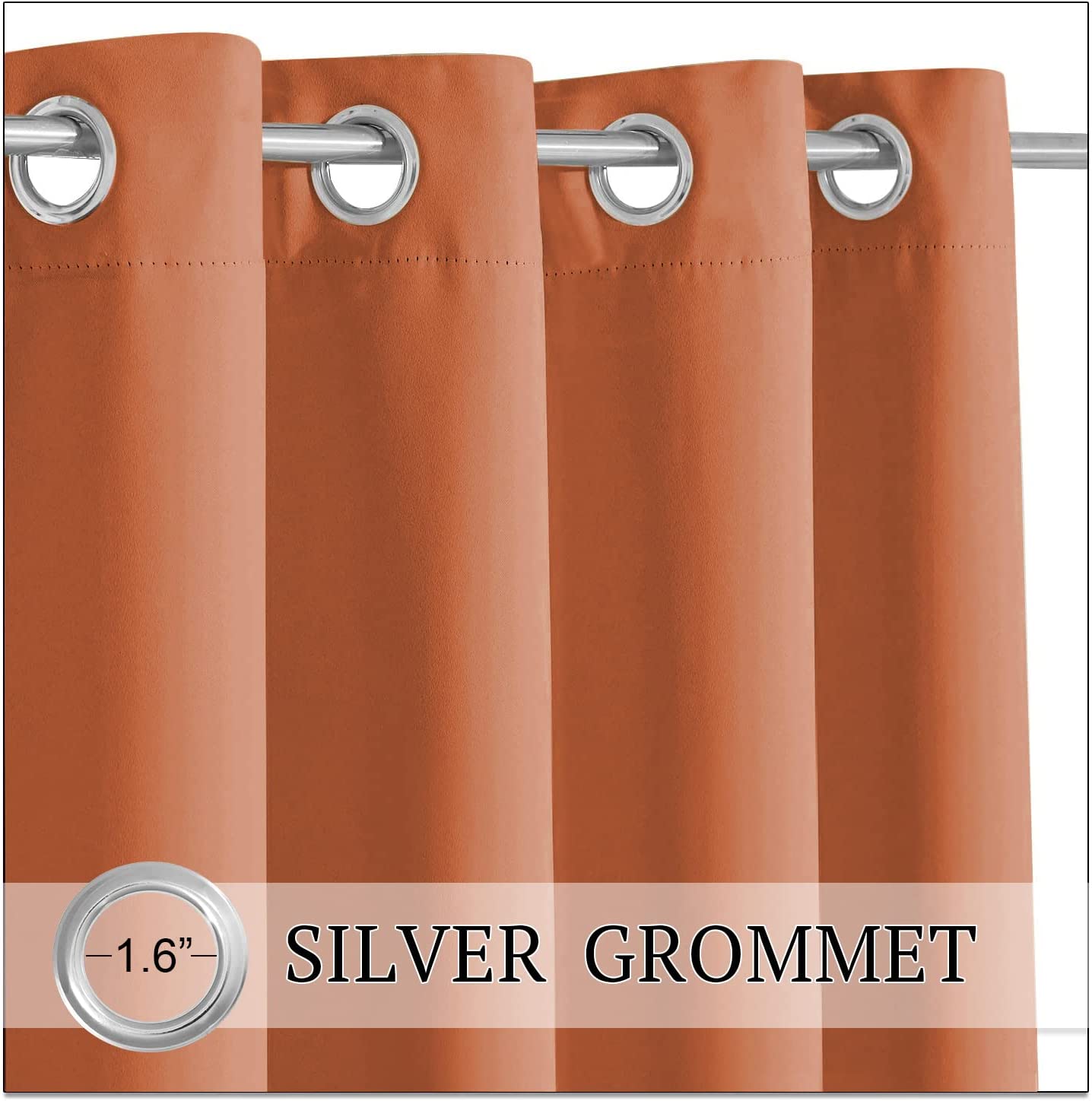 Rust orange waterproof outdoor curtain panel close-up, highlighting its durable 1.6-inch silver grommet top hardware.