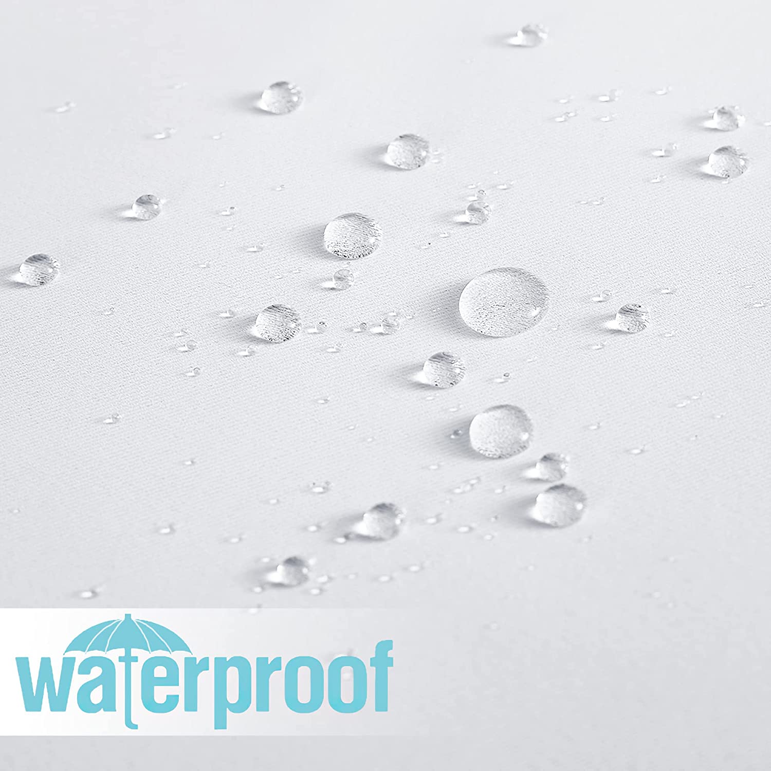 Water droplets repelling on white waterproof patio outdoor curtain fabric, demonstrating its durable, weather-resistant performance.