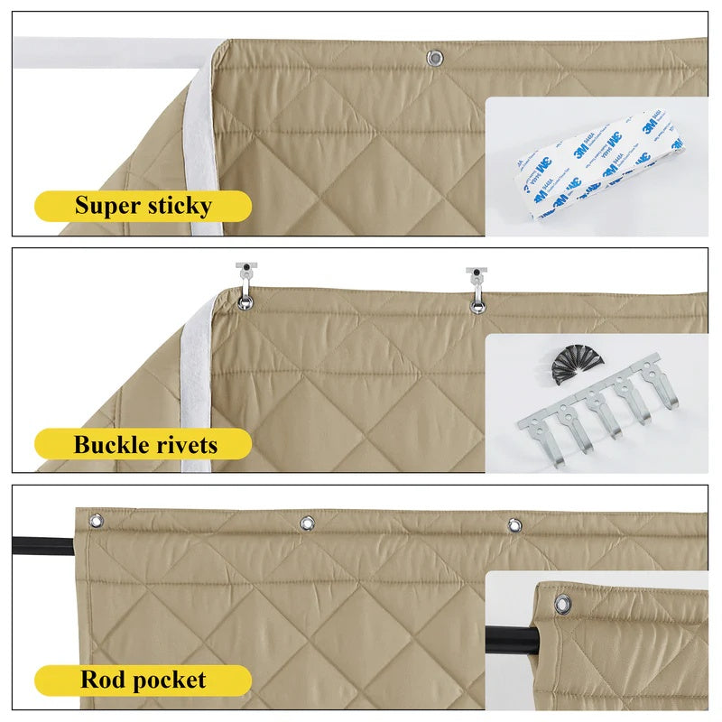 Beige quilted thermal insulated door curtain showing versatile hanging options: adhesive top, buckle rivets, and rod pocket.