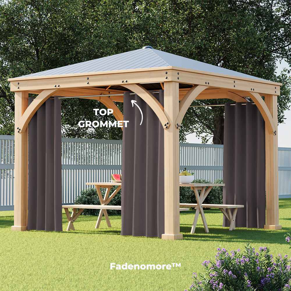 KGORGE Fadenomore dark gray outdoor curtains with grommet tops on a wooden gazebo, providing windproof, waterproof, and privacy shade.