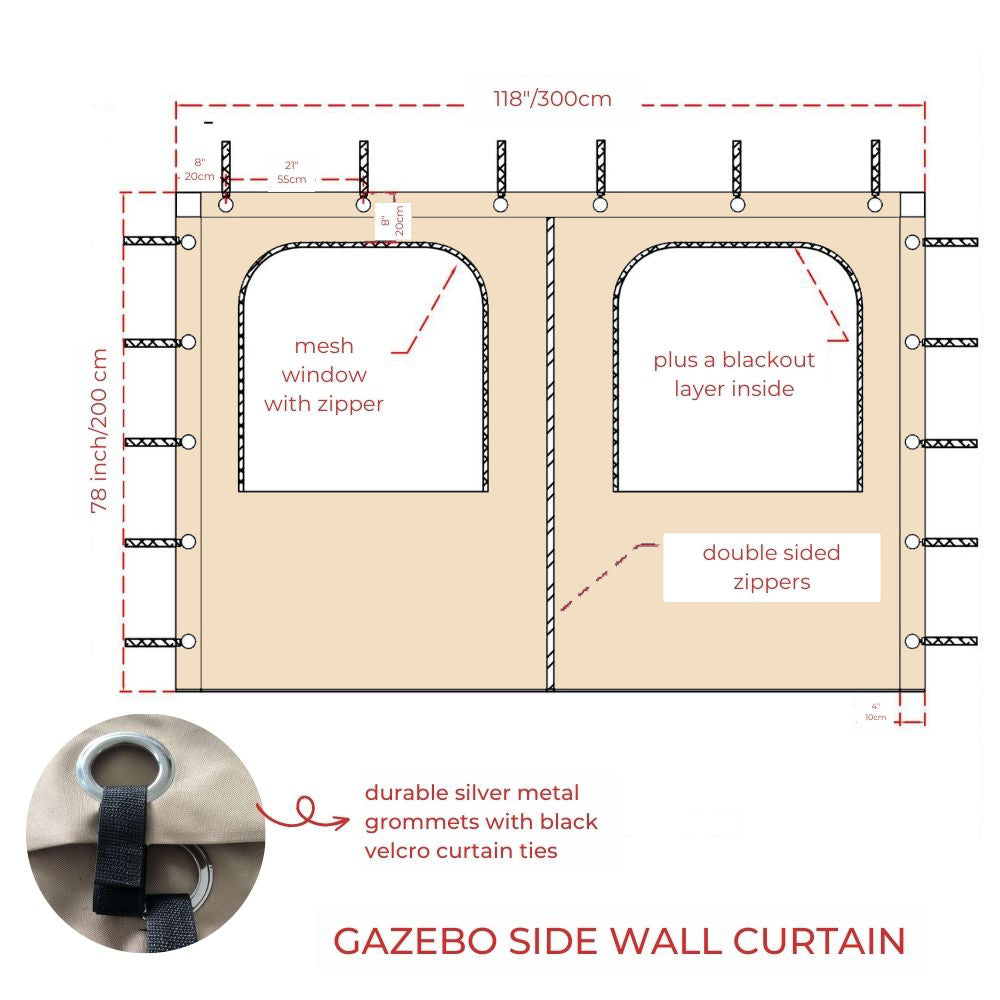 Waterproof Outdoor Gazebo Side Panel with Zipper Door + 2 Mosquito Netting Mesh Windows For Pergola, 1 Panel
