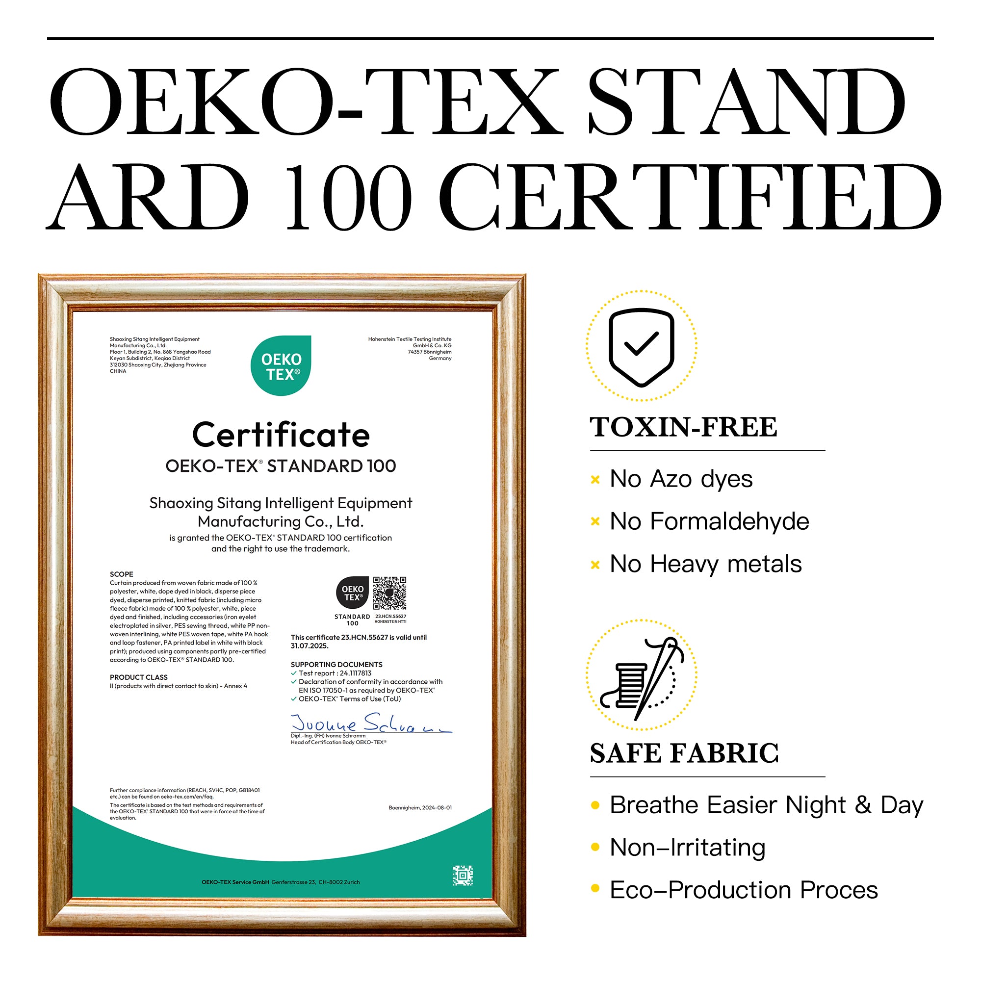 OEKO-TEX Standard 100 certificate for KGORGE toxin-free, safe outdoor curtains. No harmful chemicals.