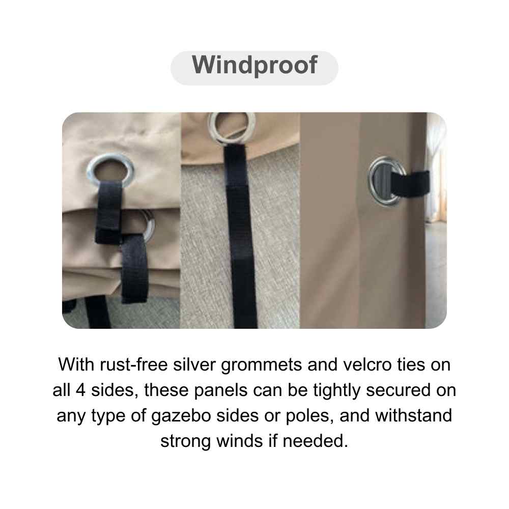 Close-up of rust-free silver grommets and black Velcro ties on a windproof outdoor gazebo side wall panel for secure attachment