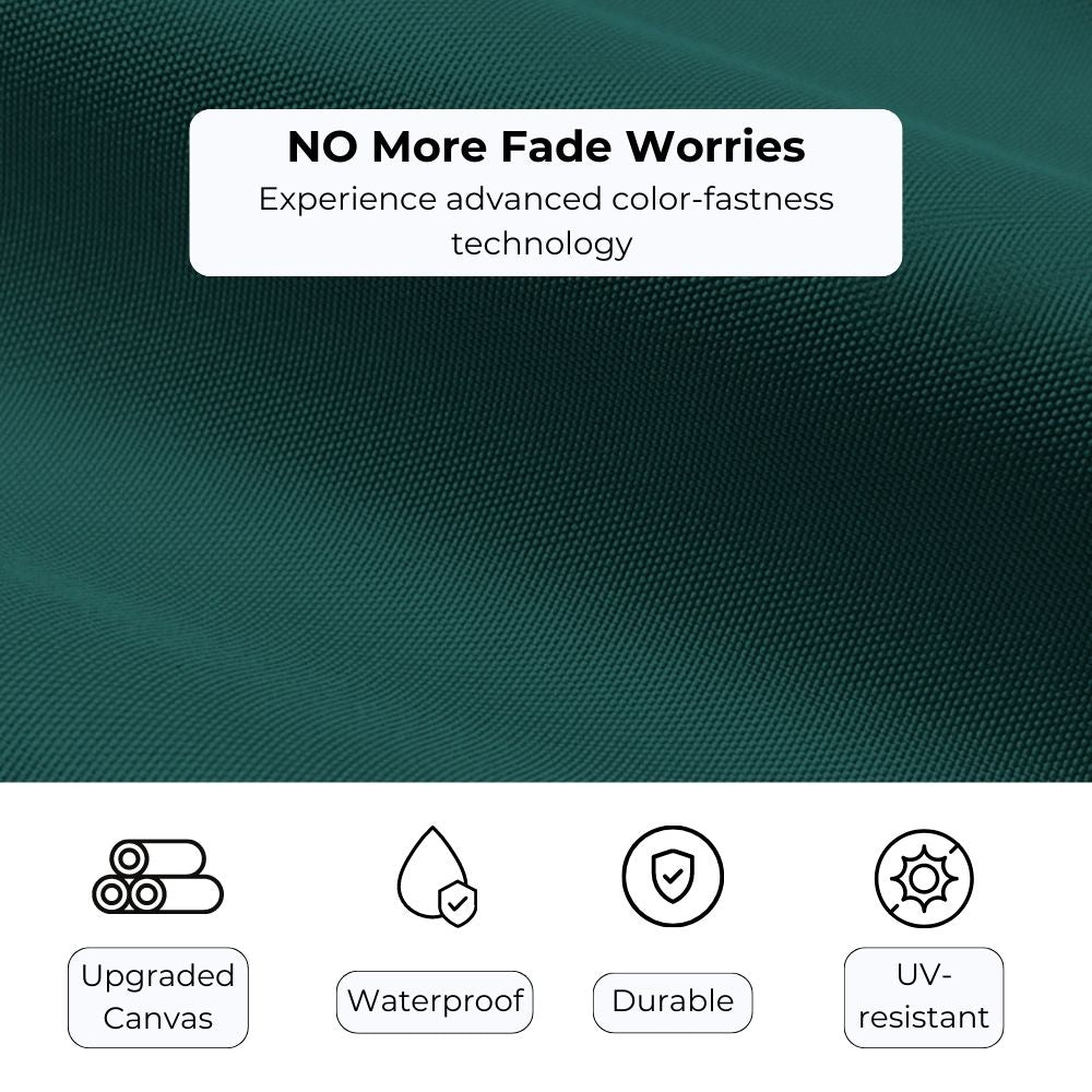 Dark green pergola canopy fabric close-up, showcasing upgraded, fade-resistant, waterproof, durable, and UV-resistant outdoor canvas.