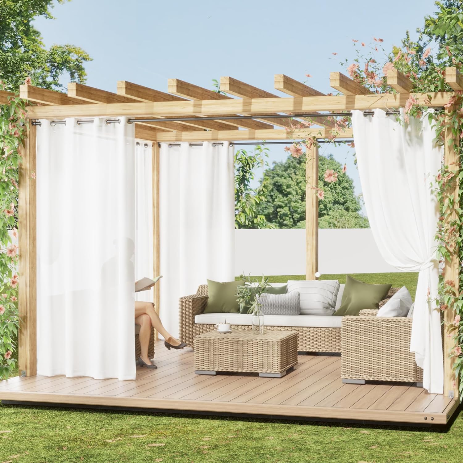 White waterproof outdoor sheer privacy curtains on a patio pergola, with a person relaxing on wicker furniture.