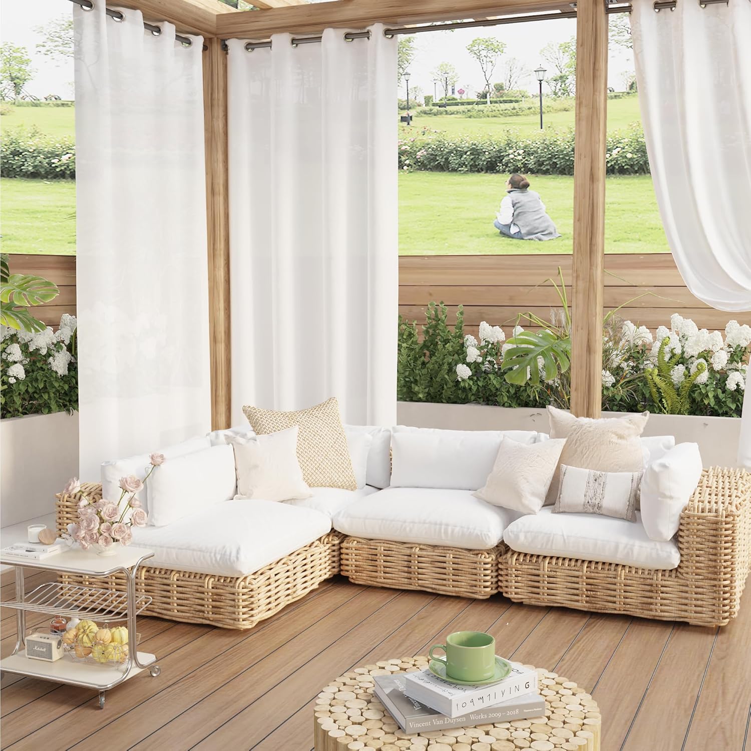 White waterproof privacy outdoor sheer curtains (2 panels) with grommet tops for a stylish pergola patio.