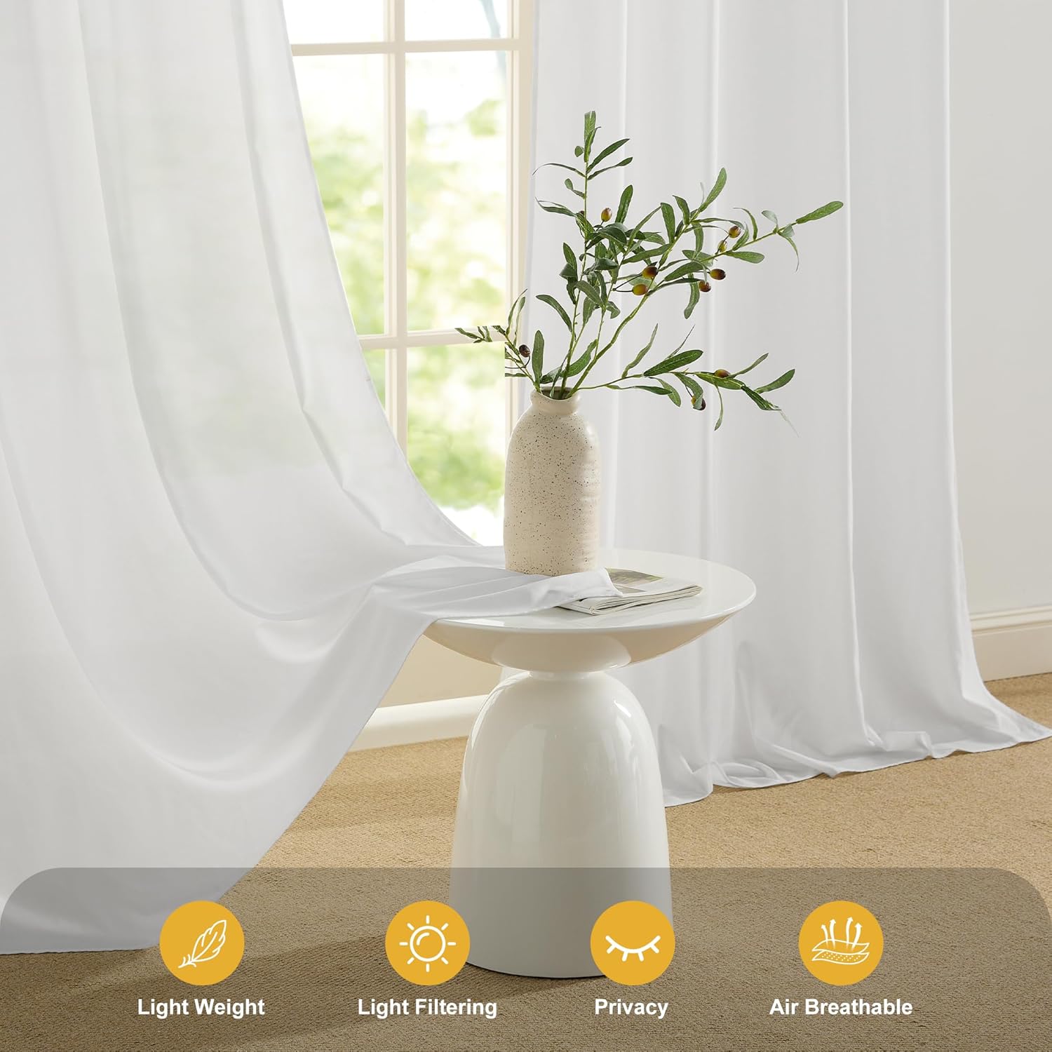 White sheer privacy outdoor patio curtains, waterproof and light filtering, hanging elegantly by a sunlit window.