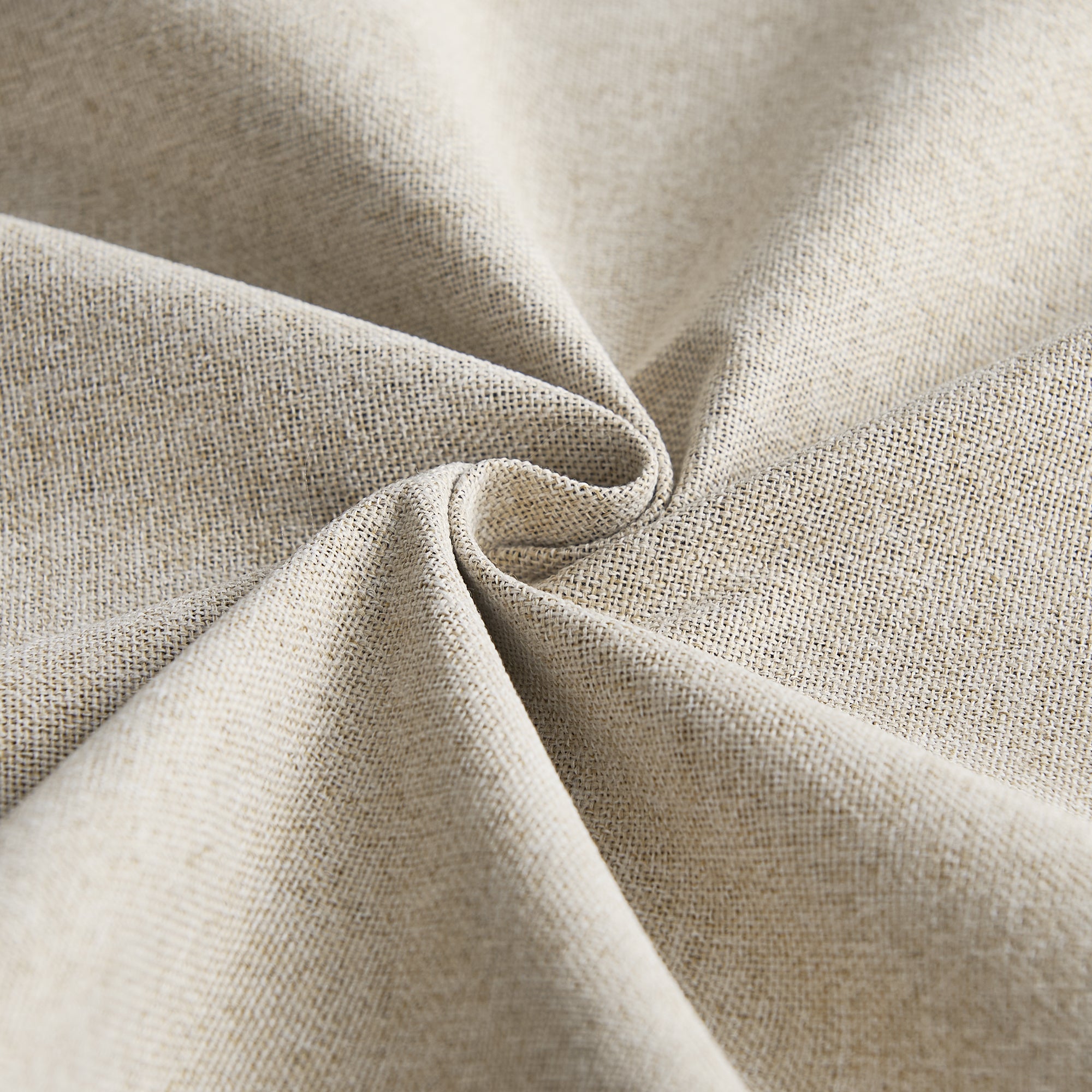 Textured close-up of beige faux linen fabric, emphasizing the weave of the 100% blackout waterproof outdoor curtain material.