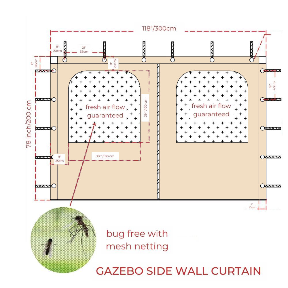 Diagram of KGORGE waterproof gazebo sidewall panel, 118x78 inches, with two mesh windows for airflow & bug-free netting.