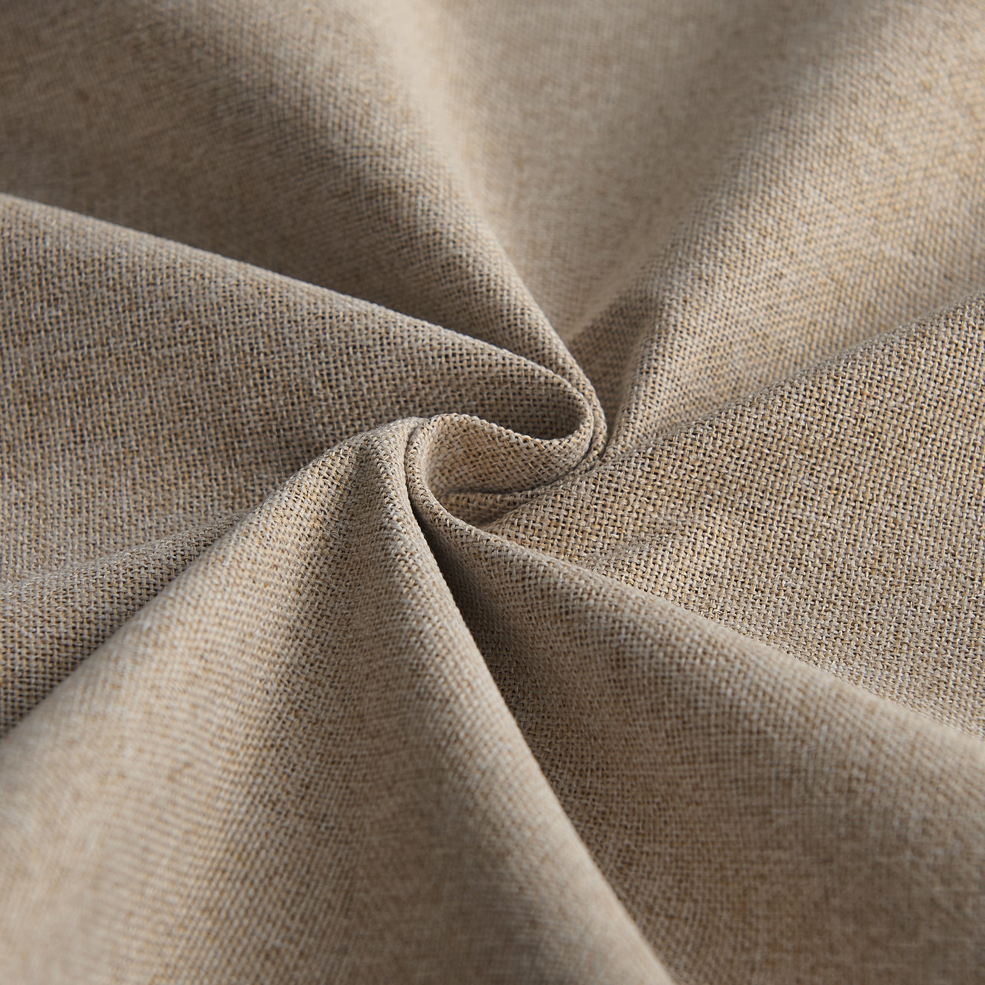 Close-up of natural beige faux linen outdoor curtain fabric, showcasing its durable weave, waterproof, and 100% blackout properties.