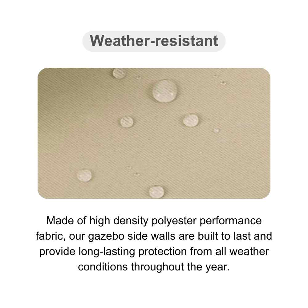 Water droplets on waterproof beige outdoor gazebo sidewall panel fabric, demonstrating weather-resistant protection.