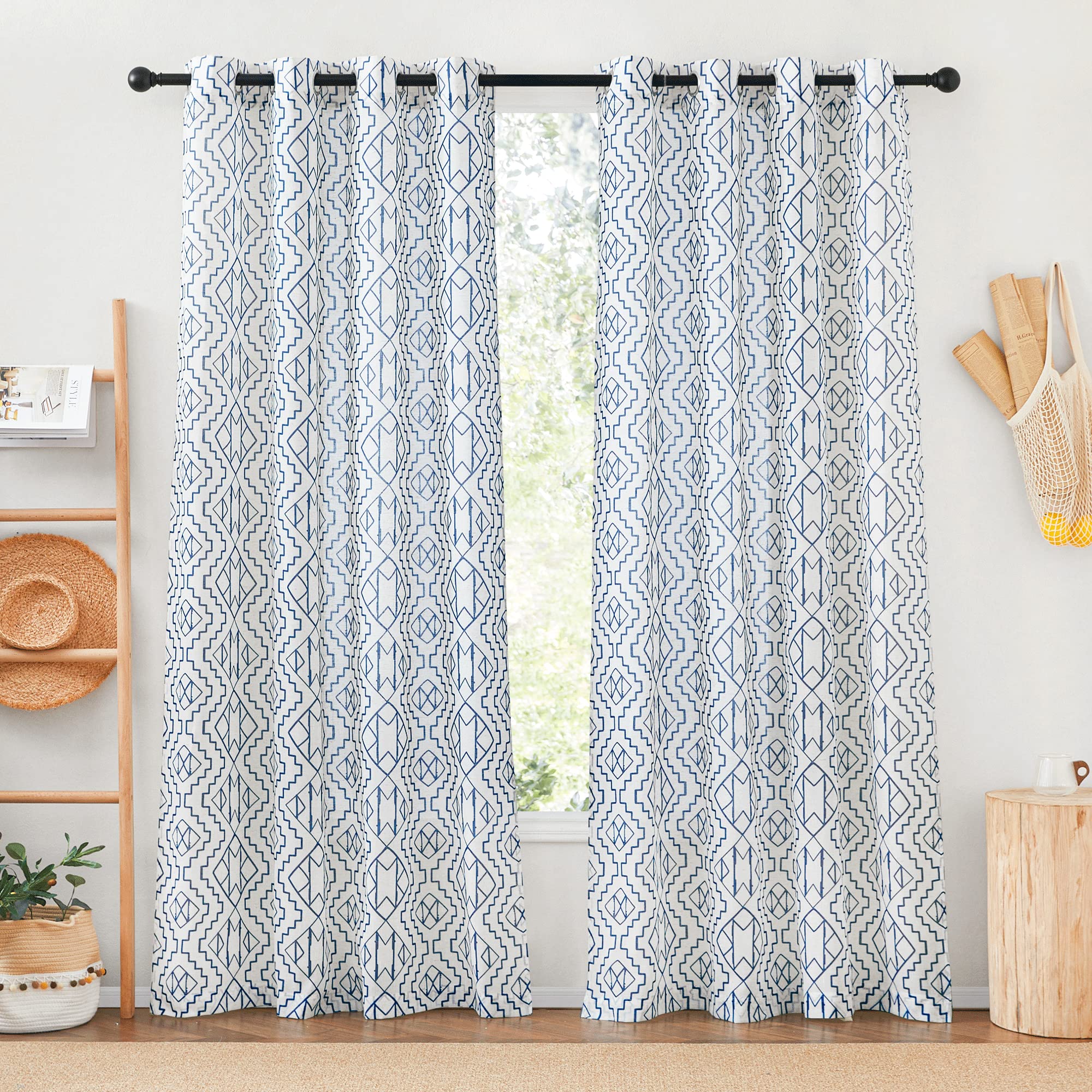 Boho Rustic Geometry Pattern Light Filtering Privacy Window Treatment Sheer Linen Curtains For Bedroom And Living Room，2 Panels