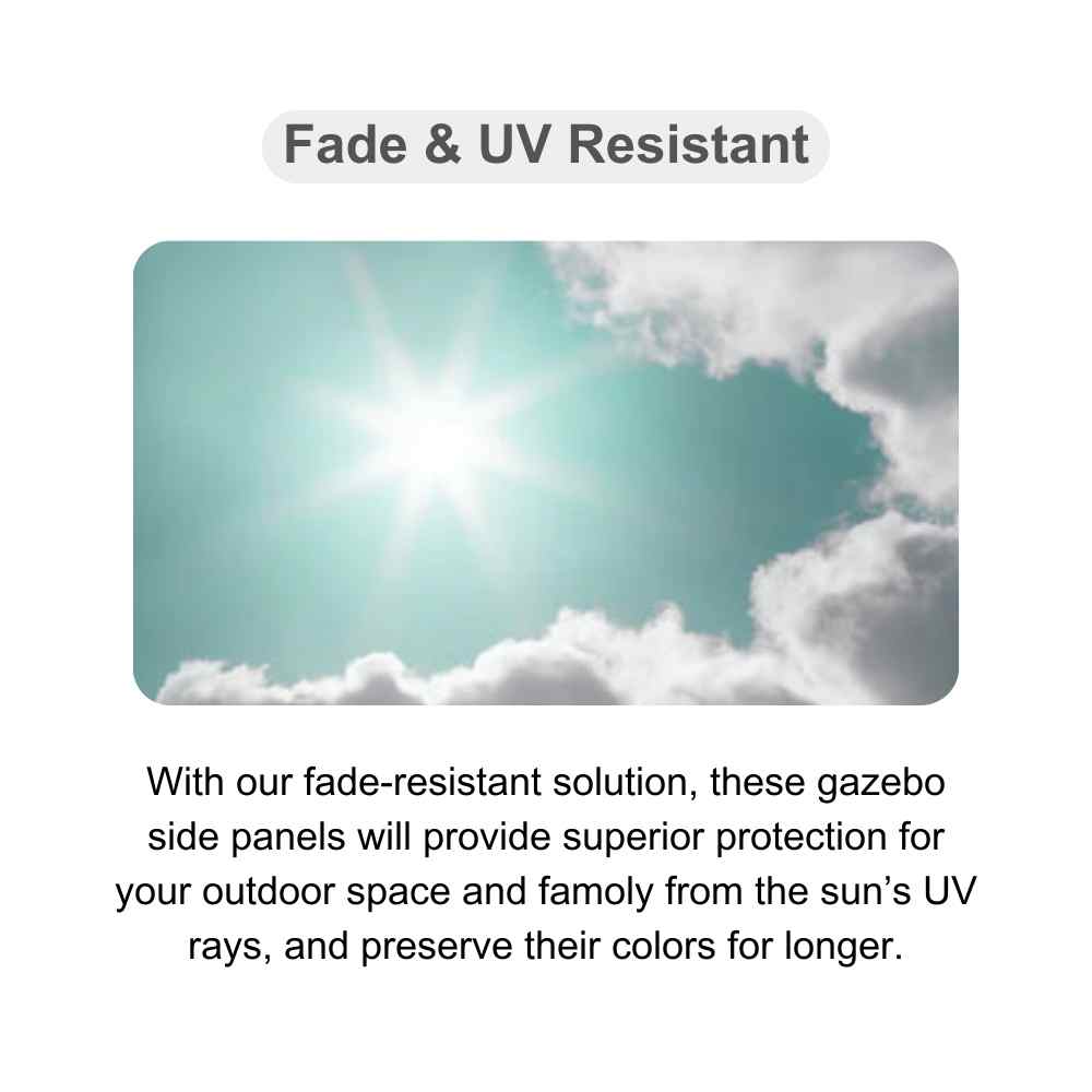 Bright sun in a turquoise sky with clouds, highlighting the superior fade and UV resistant protection for outdoor gazebo side panels.