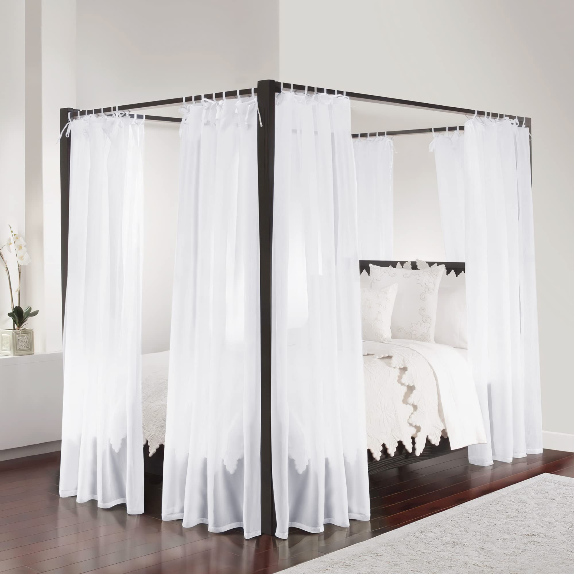 8PCS White Bed Canopy Curtains, Elegant & Chic Soft Voile Sheer Textured Airy & Breathable Bed Canopy Drapes with Top Ties & Tie Backs