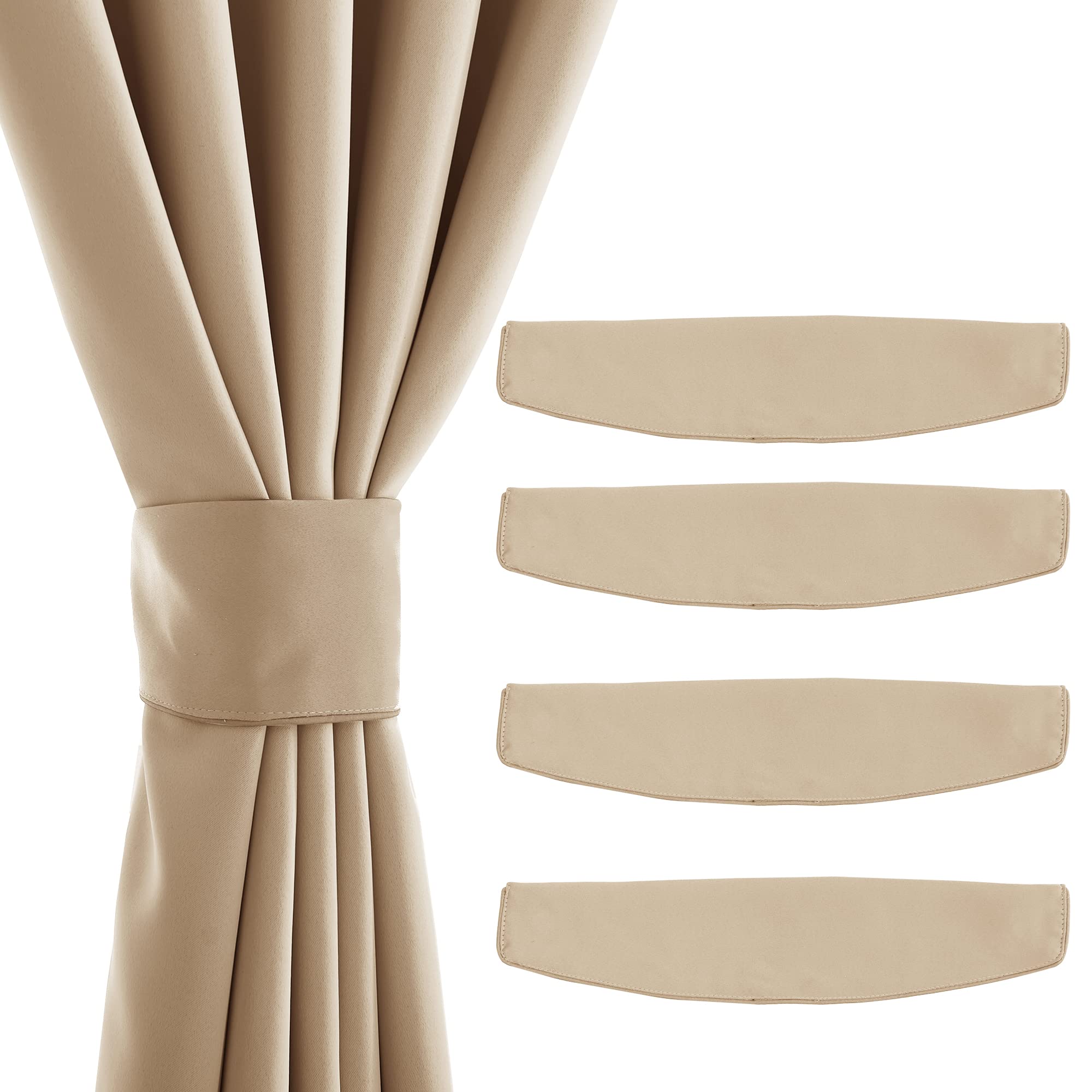 Beige outdoor curtain secured by a magnetic drape tie-back; a set of four matching magnetic decorative holdbacks displayed.