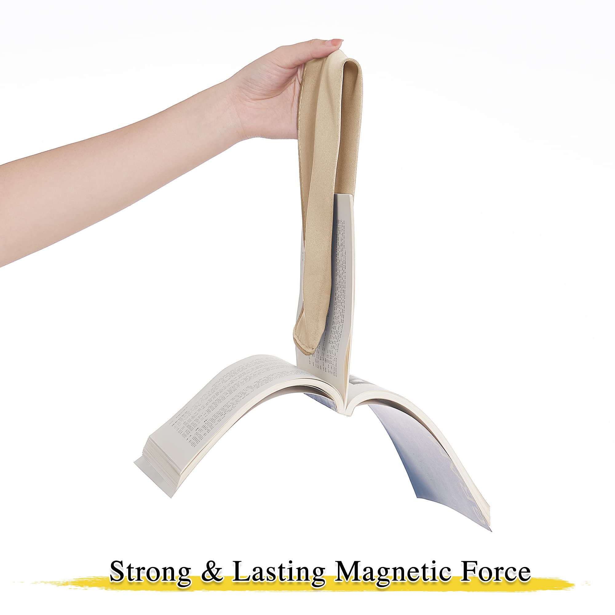 Hand holds a beige magnetic curtain tie back, showcasing its strong, lasting magnetic force by suspending an open book.