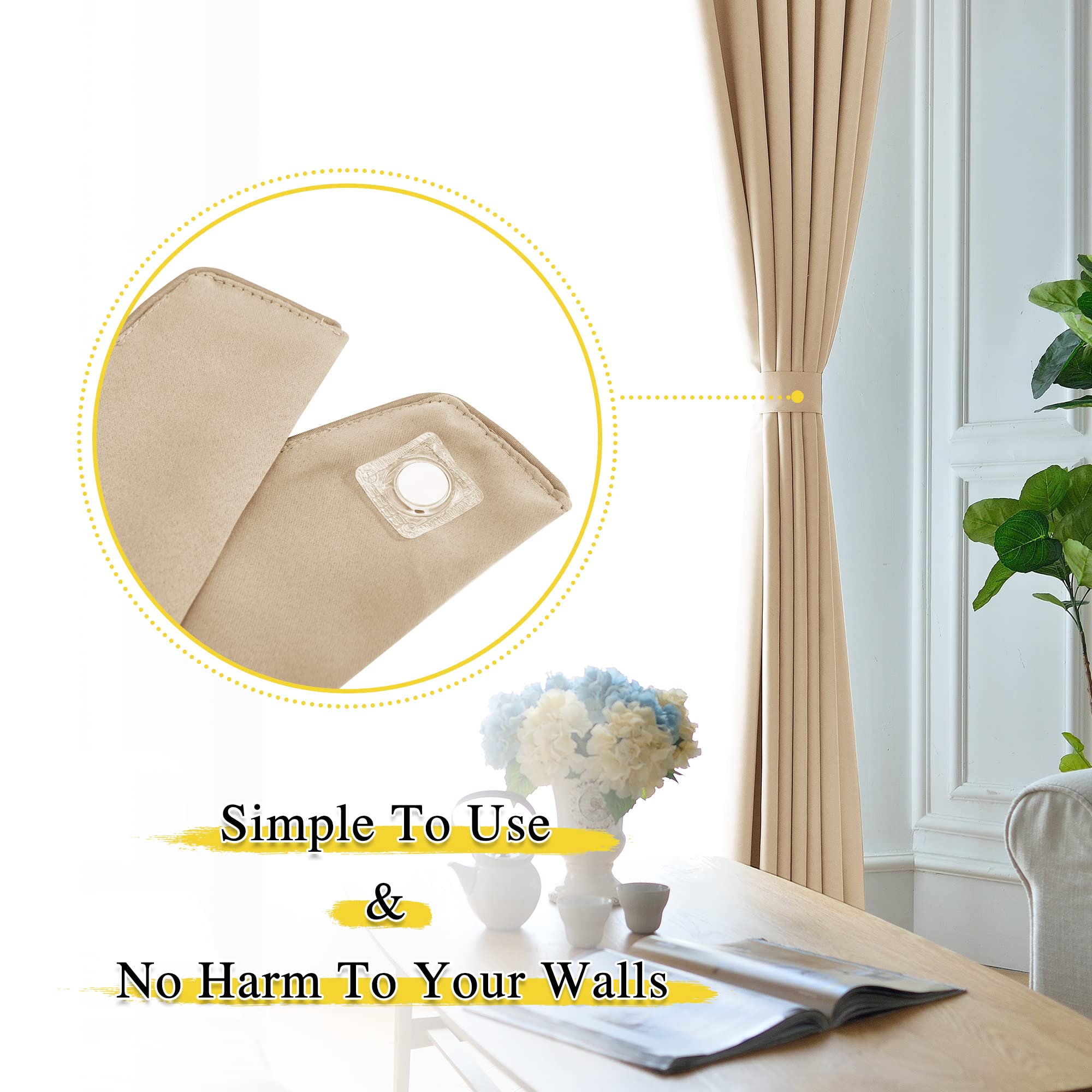 Close-up of a beige outdoor curtain tied back with a magnetic decorative drape tie-back, highlighting the easy-to-use, no-drill clasp.