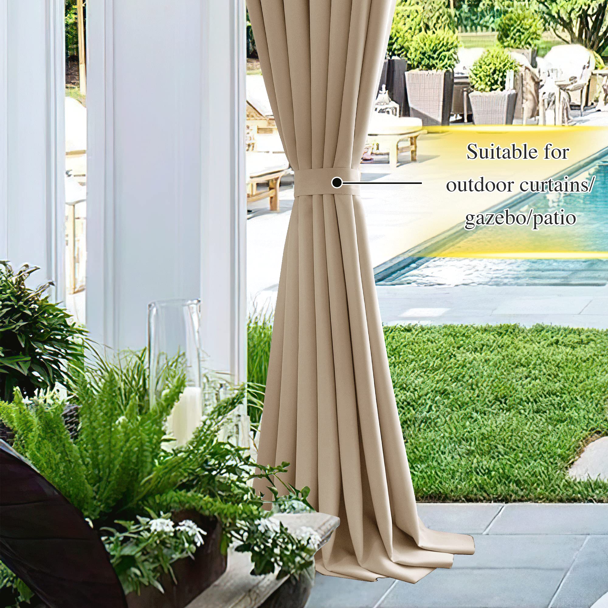 Beige outdoor curtain tied neatly with a magnetic decorative drape tie back, enhancing a modern patio or poolside pergola space.