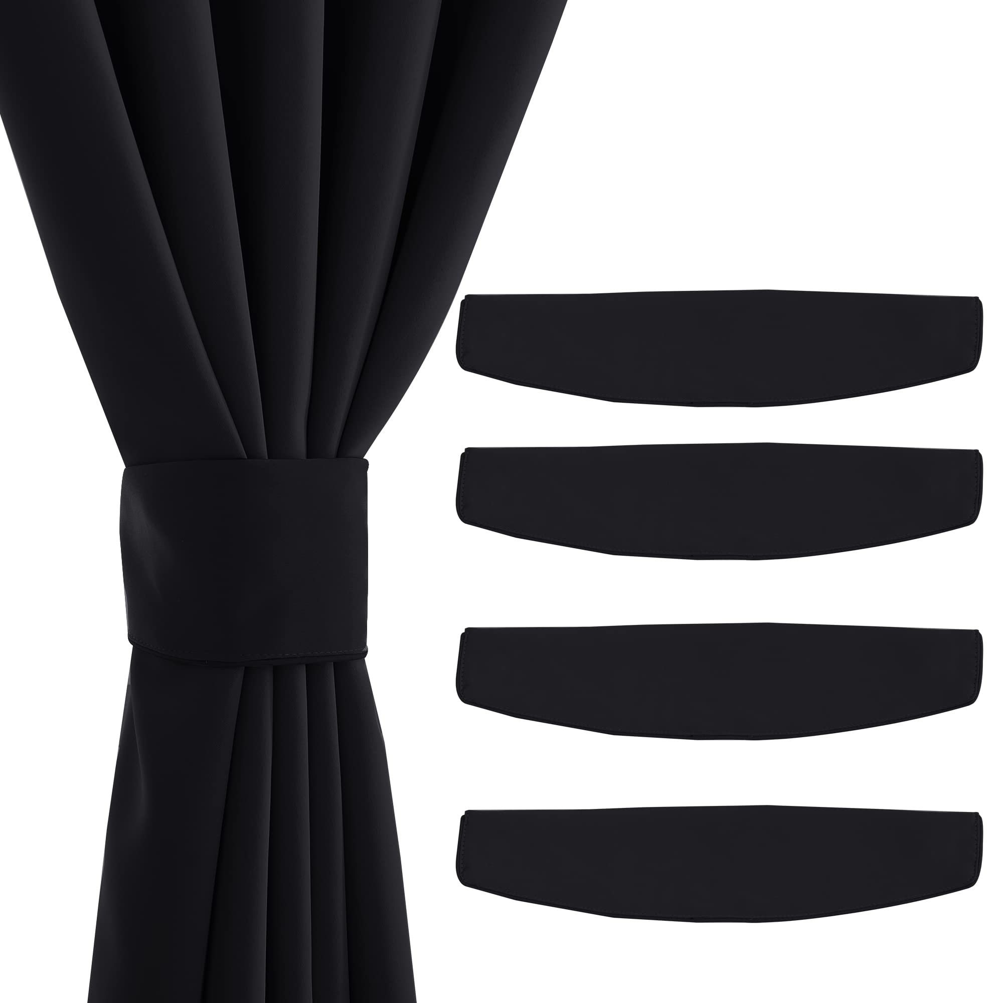 4PCS black magnetic decorative curtain tie backs, one cinching a black outdoor drape, three additional tie backs displayed.