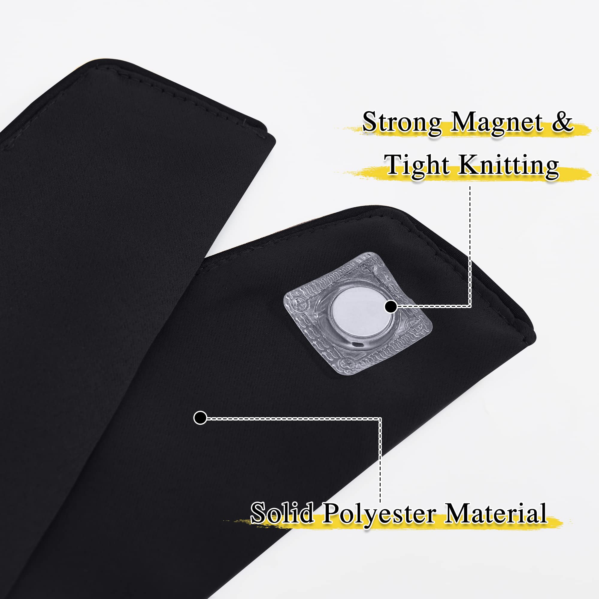 Close-up of black magnetic drape tie-back highlighting its strong magnet, tight knitting, and solid polyester material.