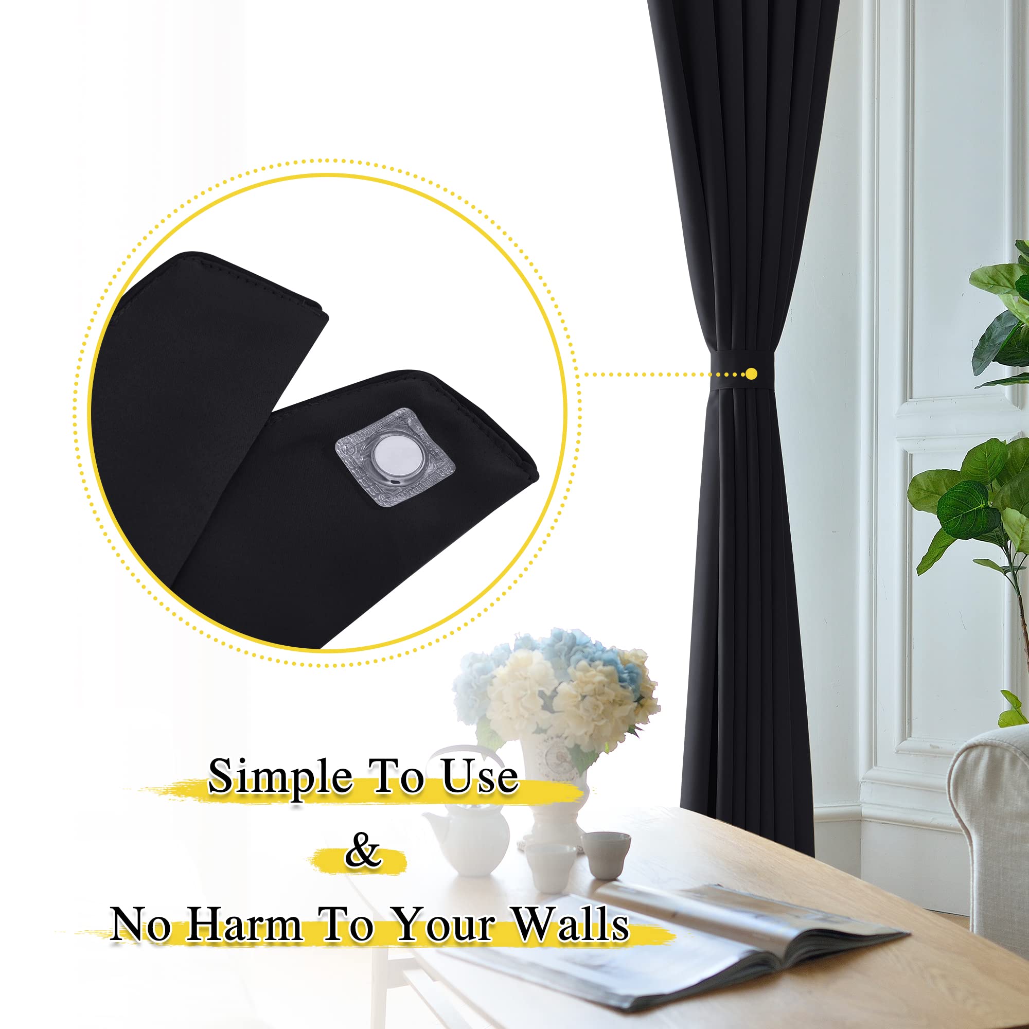 Black curtain held back by a magnetic decorative drape tie-back, with a close-up showing the secure, no-harm magnet closure for easy use.