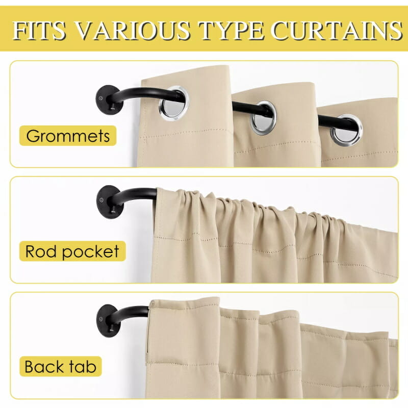 Black adjustable wrap-around indoor/outdoor curtain rod showing versatile hanging styles: grommets, rod pocket, back tabs.
