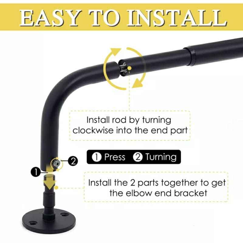 Detailed installation guide for KGORGE's adjustable length wrap-around indoor/outdoor curtain rod, showing assembly of rod and bracket.