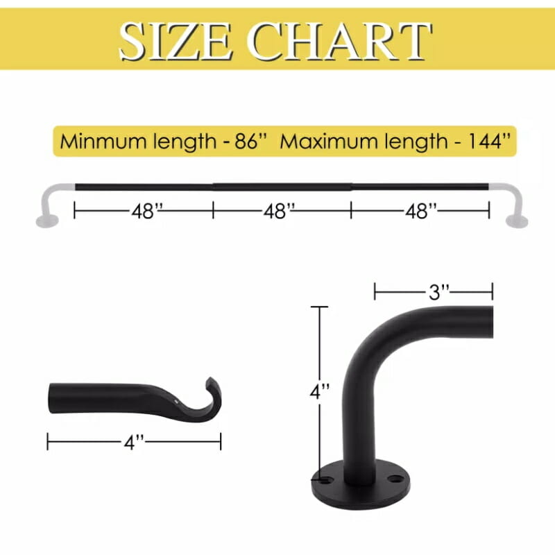 Size chart for adjustable wrap around indoor/outdoor curtain rods. Shows min 86" max 144" length, plus individual bracket dimensions.