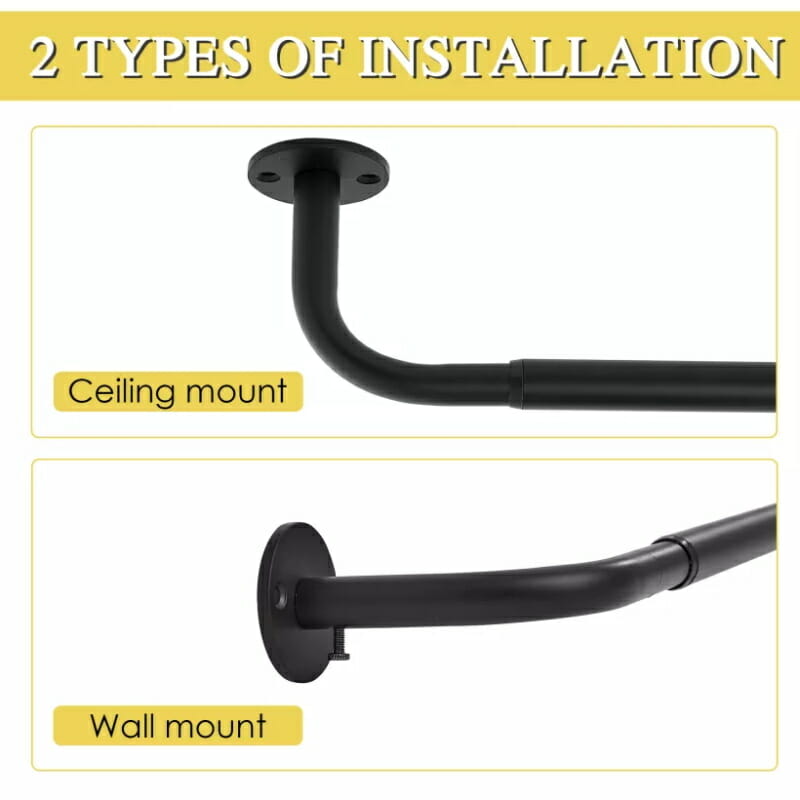 Black adjustable wrap around indoor/outdoor curtain rod demonstrating ceiling mount and wall mount installation options.