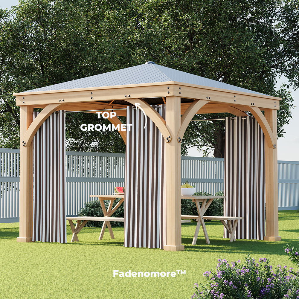 Striped Fadenomore grommet top outdoor curtains hanging on a wooden gazebo, offering windproof, waterproof, and privacy protection.