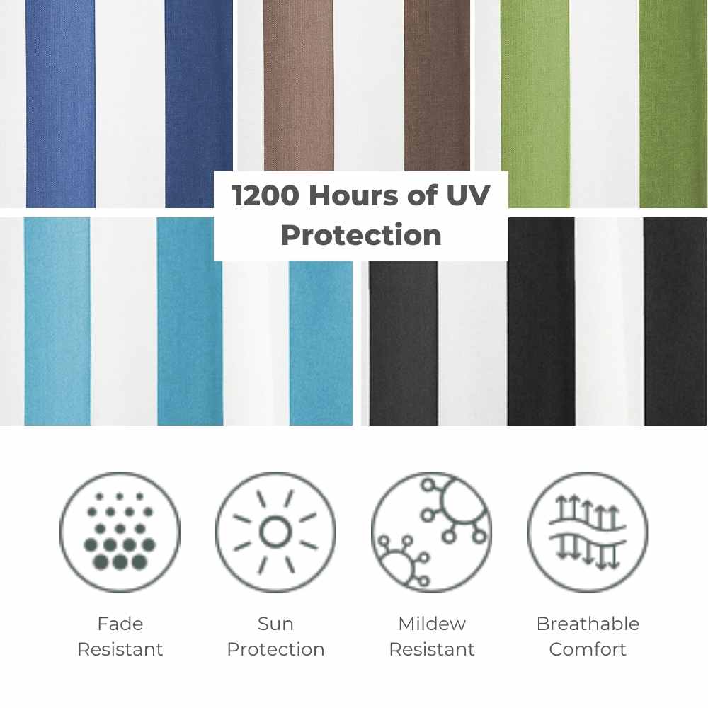 KGORGE Fadenomore striped outdoor curtain fabric swatches: various colors, UV, fade, sun, mildew resistant, breathable.