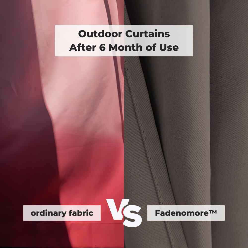 Side-by-side durability test: Faded red ordinary outdoor fabric vs. unfaded taupe Fadenomore™ fade-resistant curtain after 6 months.