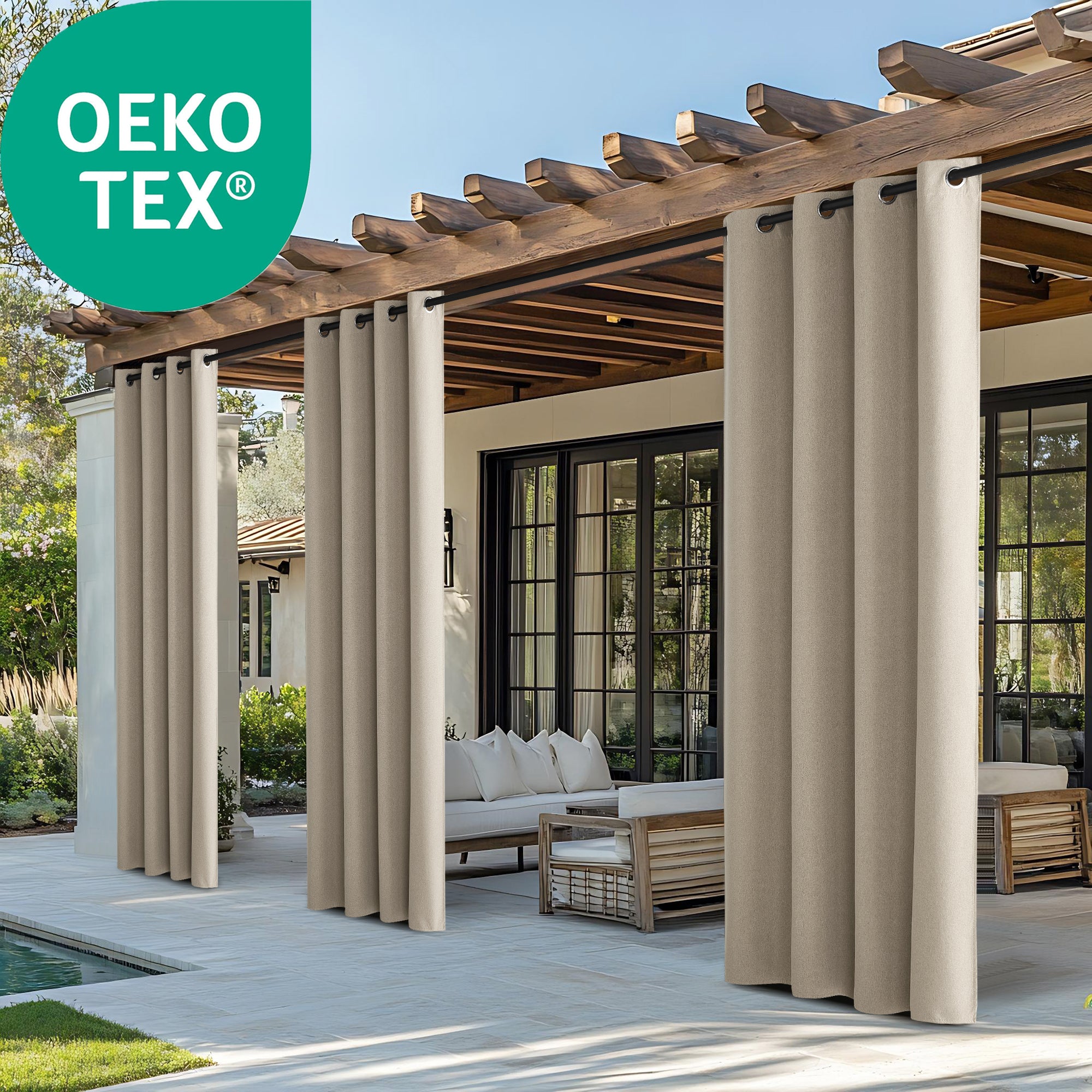 Beige faux linen outdoor blackout waterproof curtains with grommet tops on a pergola, creating a private patio oasis.