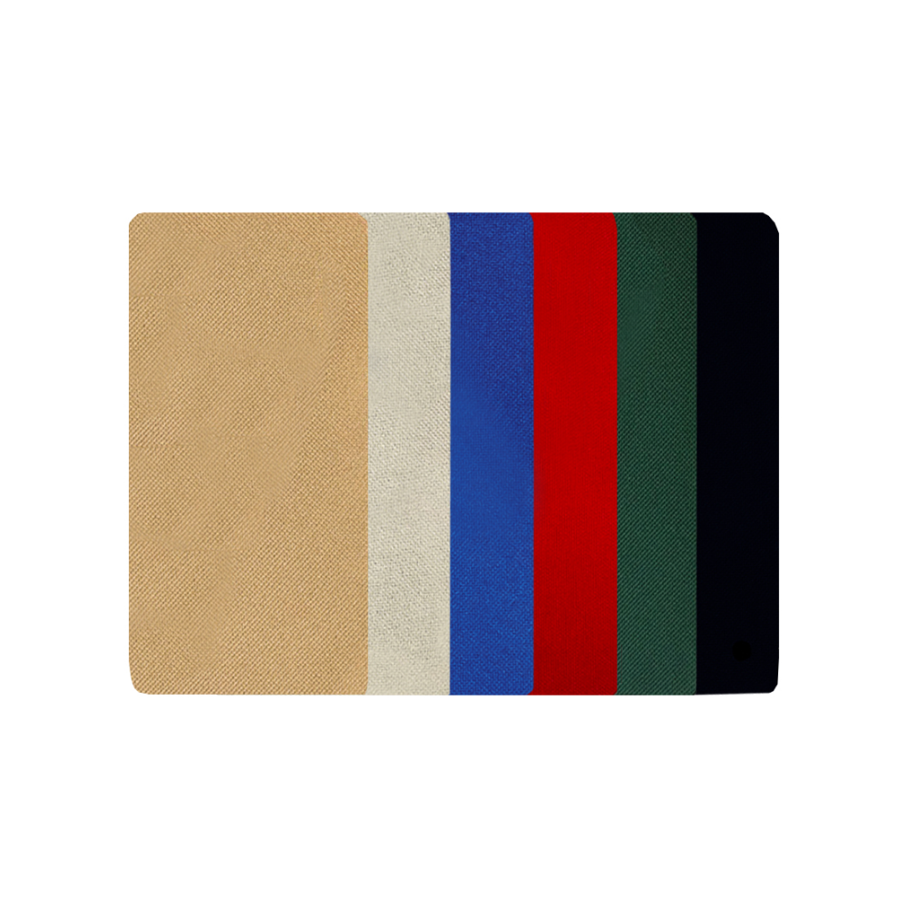 Six KGORGE outdoor canvas fabric samples: tan, cream, blue, red, dark green, black for shade sails and furniture covers.
