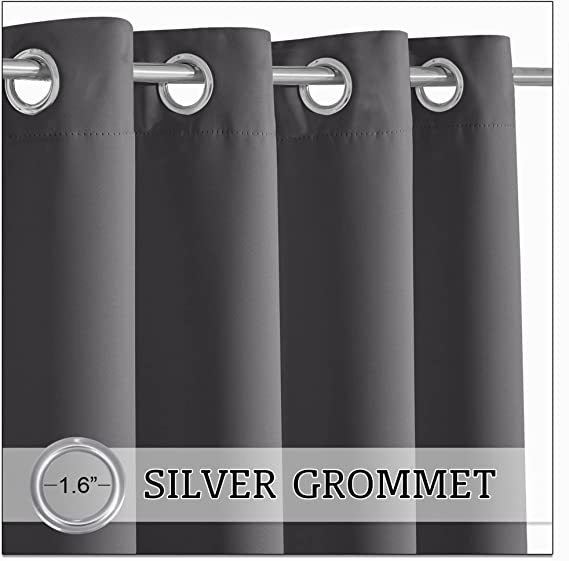 Close-up of a dark grey waterproof outdoor curtain panel with silver grommet top, highlighting 1.6-inch grommet diameter.