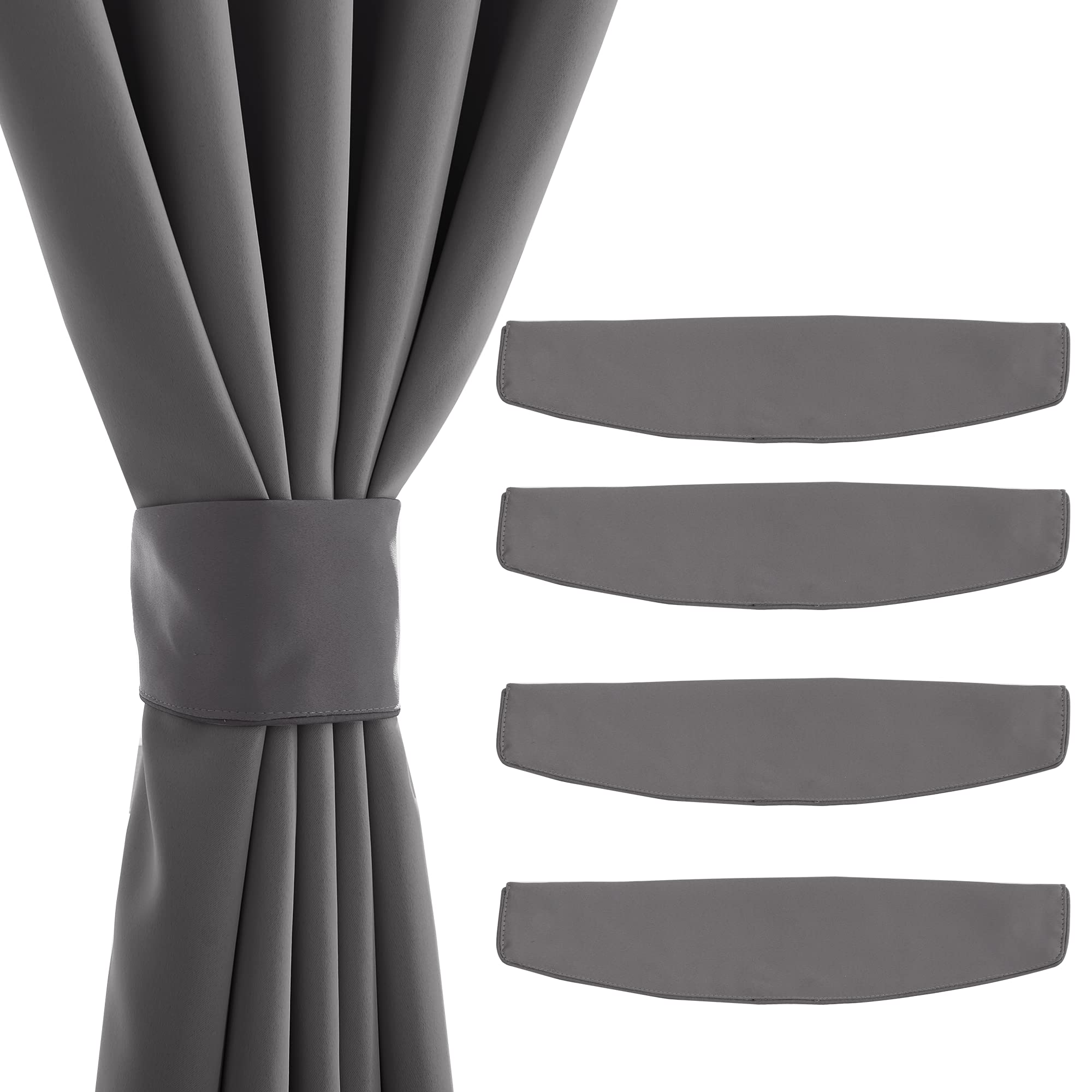 Four grey magnetic decorative drape tie backs, one styling an outdoor curtain, showcasing versatility for shade solutions.
