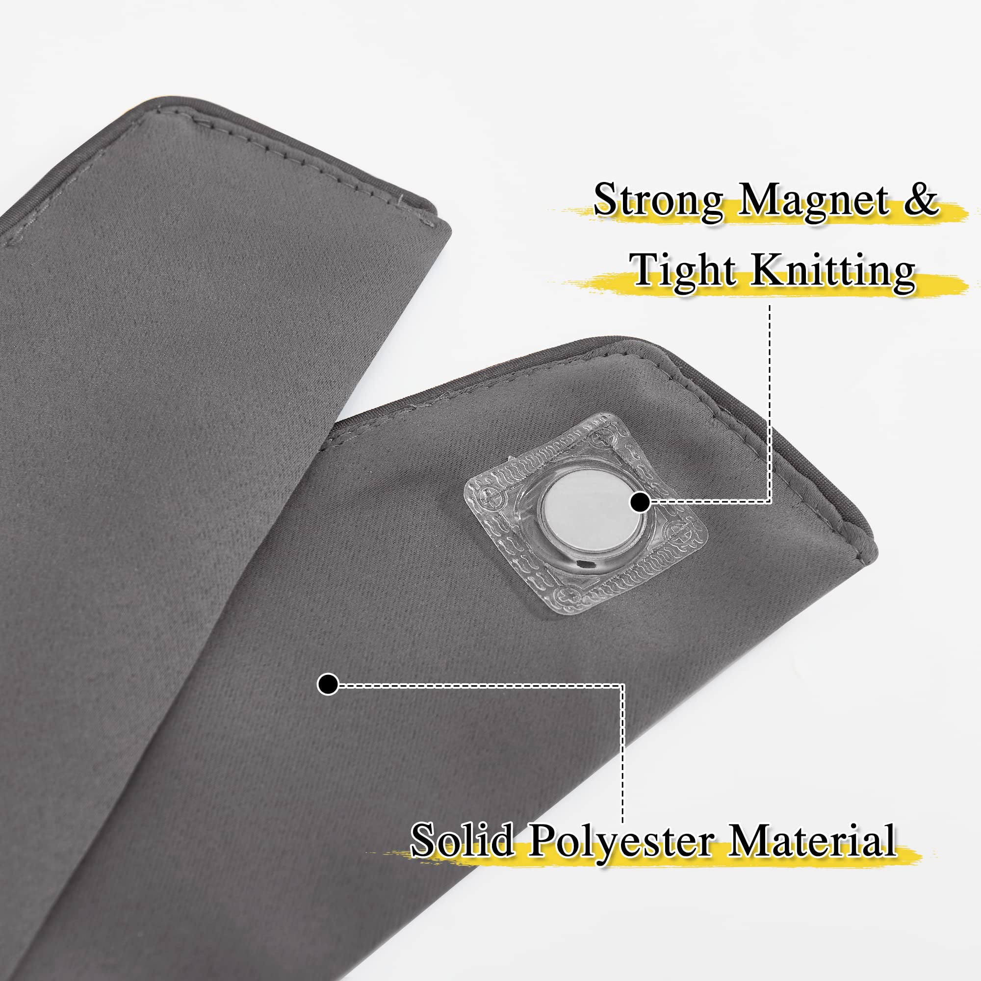 Close-up of a gray polyester magnetic drape tie-back, highlighting its strong magnet closure and tight-knit material.