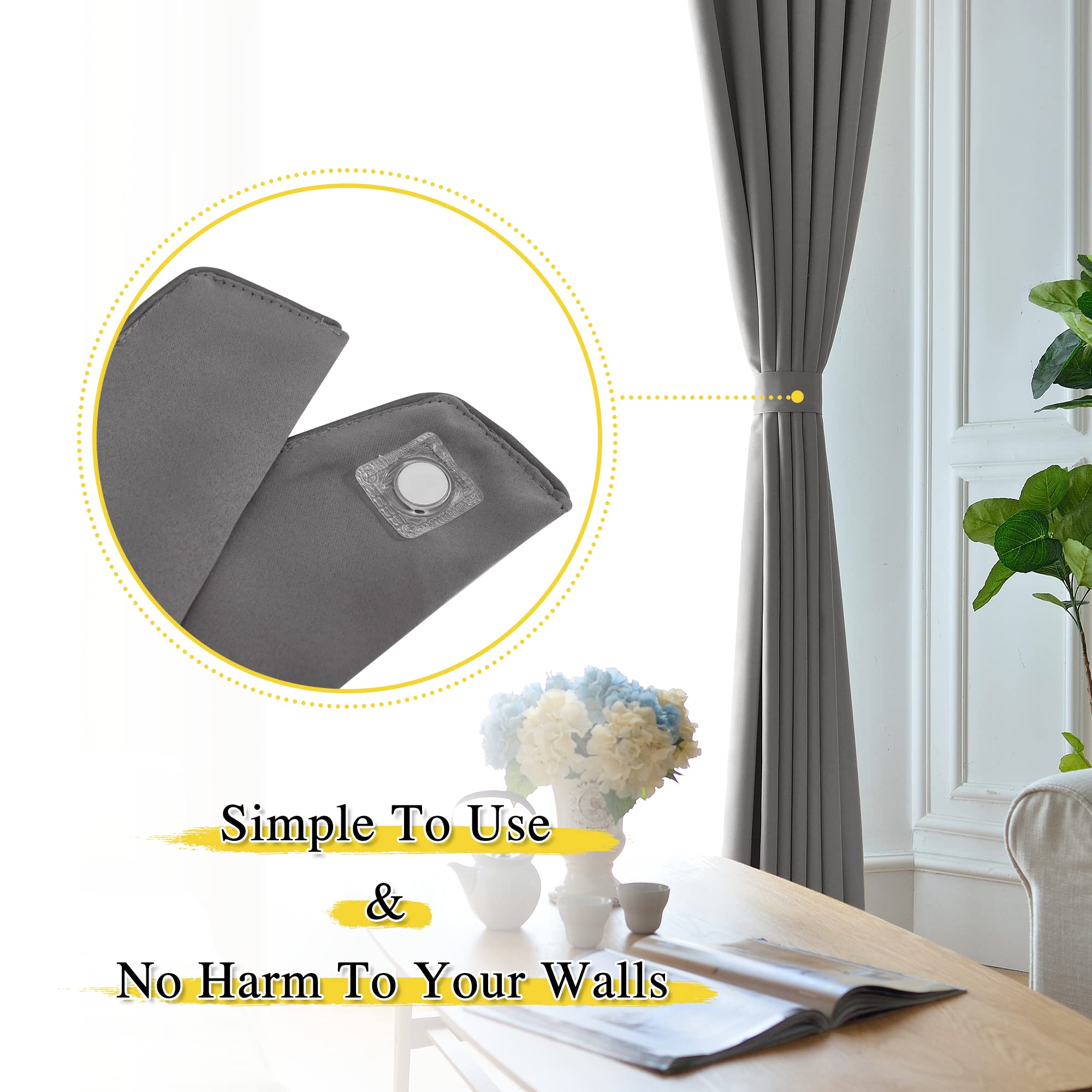 Gray outdoor curtain elegantly tied back with a magnetic drape tie-back, featuring a close-up of its easy, no-drill clasp.