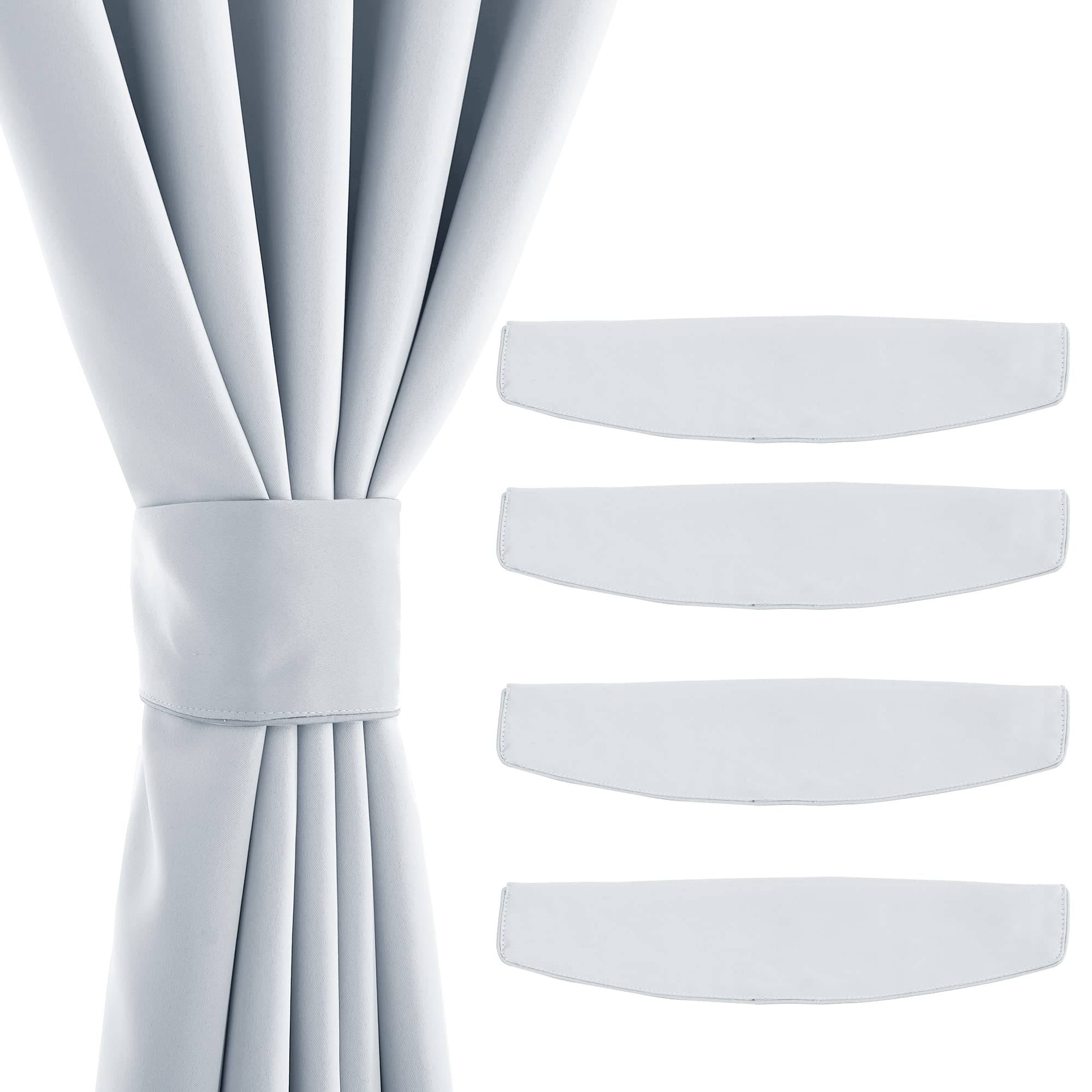 Set of 4 light gray magnetic decorative drape tie backs: one holding an outdoor curtain, three additional displayed horizontally.