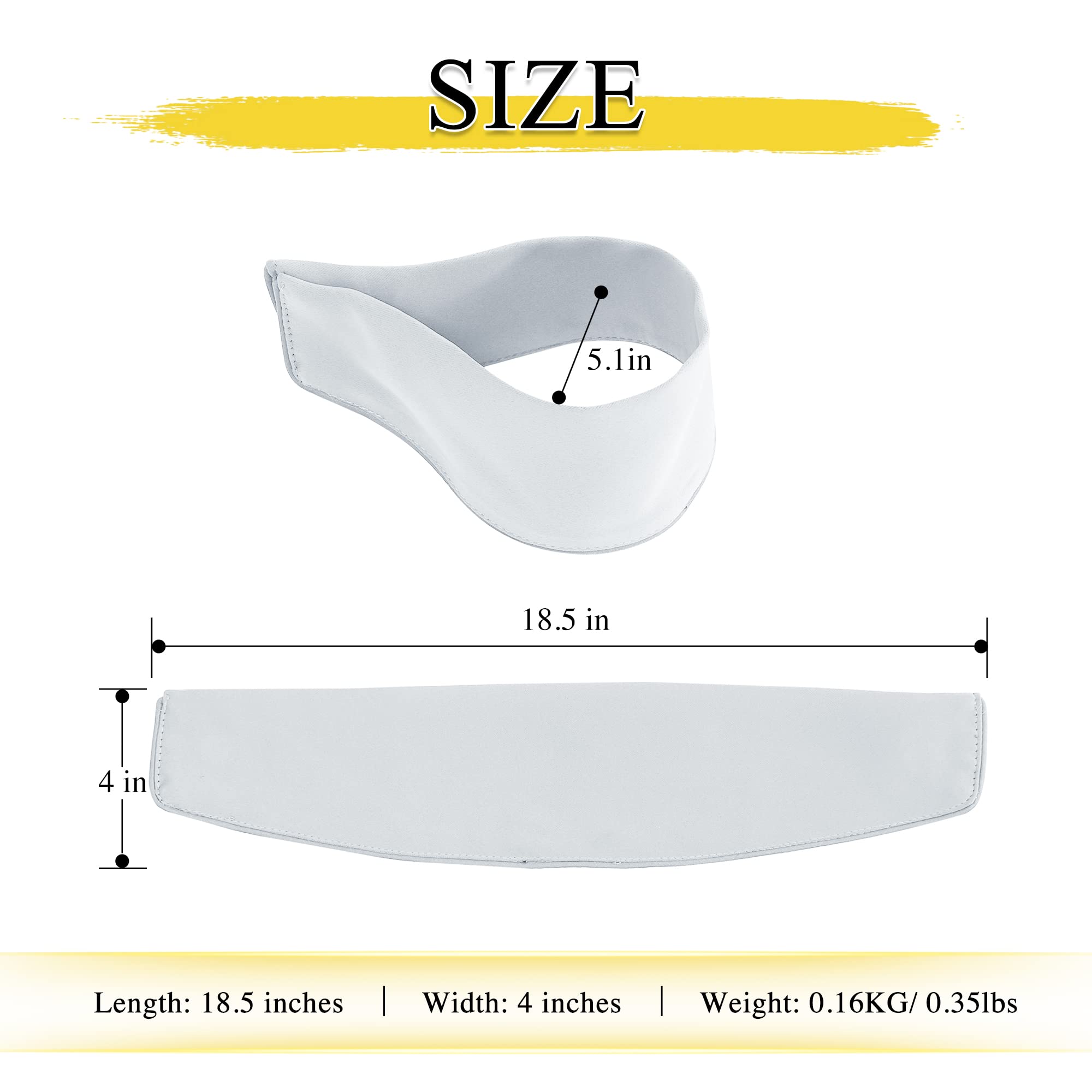 White magnetic decorative drape tie back size guide showing 18.5in length, 4in width, and 5.1in inner curve.